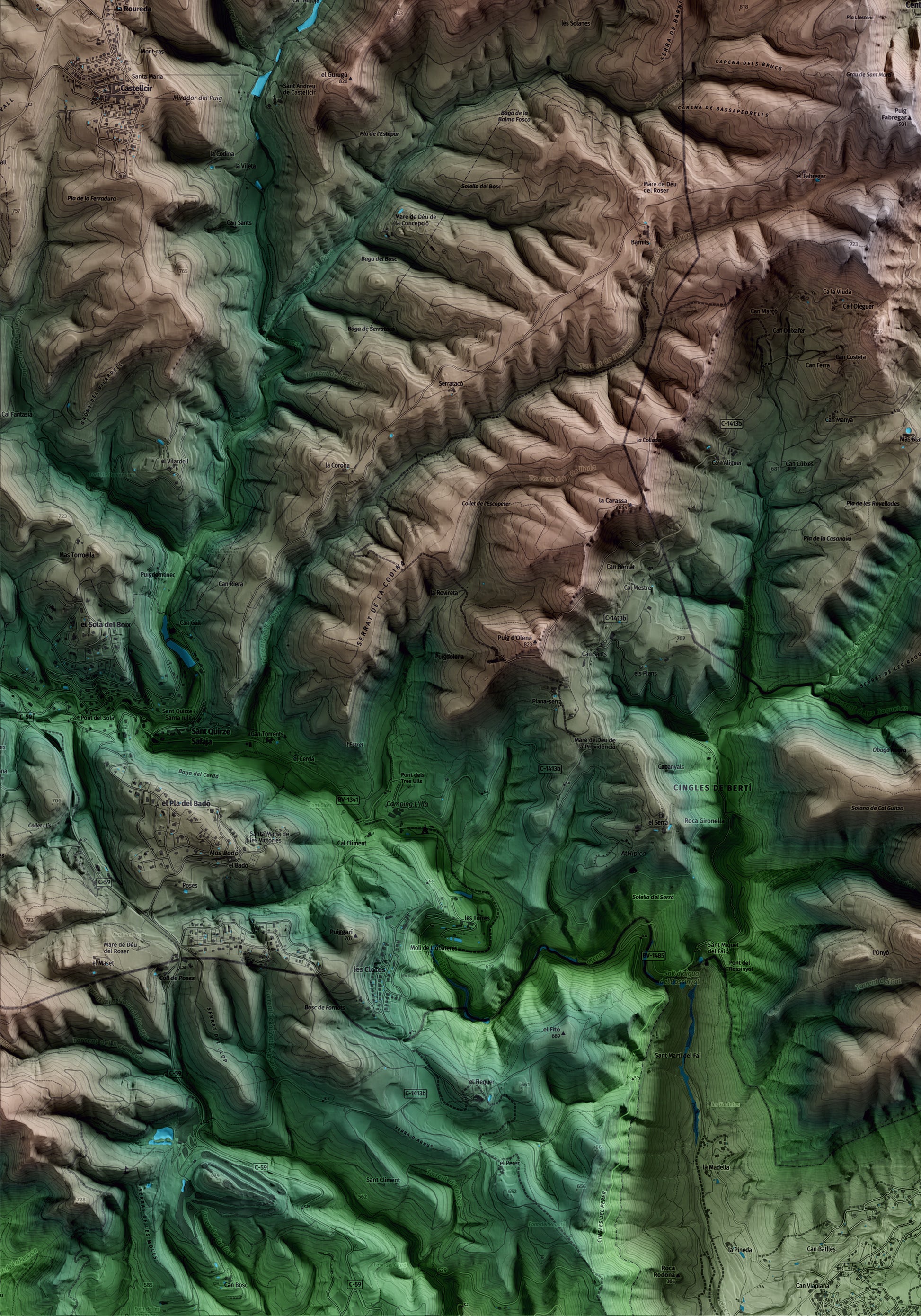 Mapa artístico del relieve de Sant Martí de Centelles, a Osona, con 15 km de entorno y base topográfica ICGC. Detalle de la zona inferior izquierda.