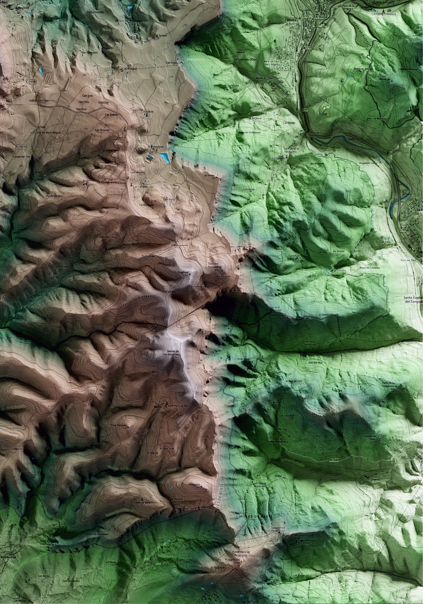 Mapa artístico del relieve de Sant Martí de Centelles, a Osona, con 15 km de entorno y base topográfica ICGC. Detalle de la zona inferior derecha.