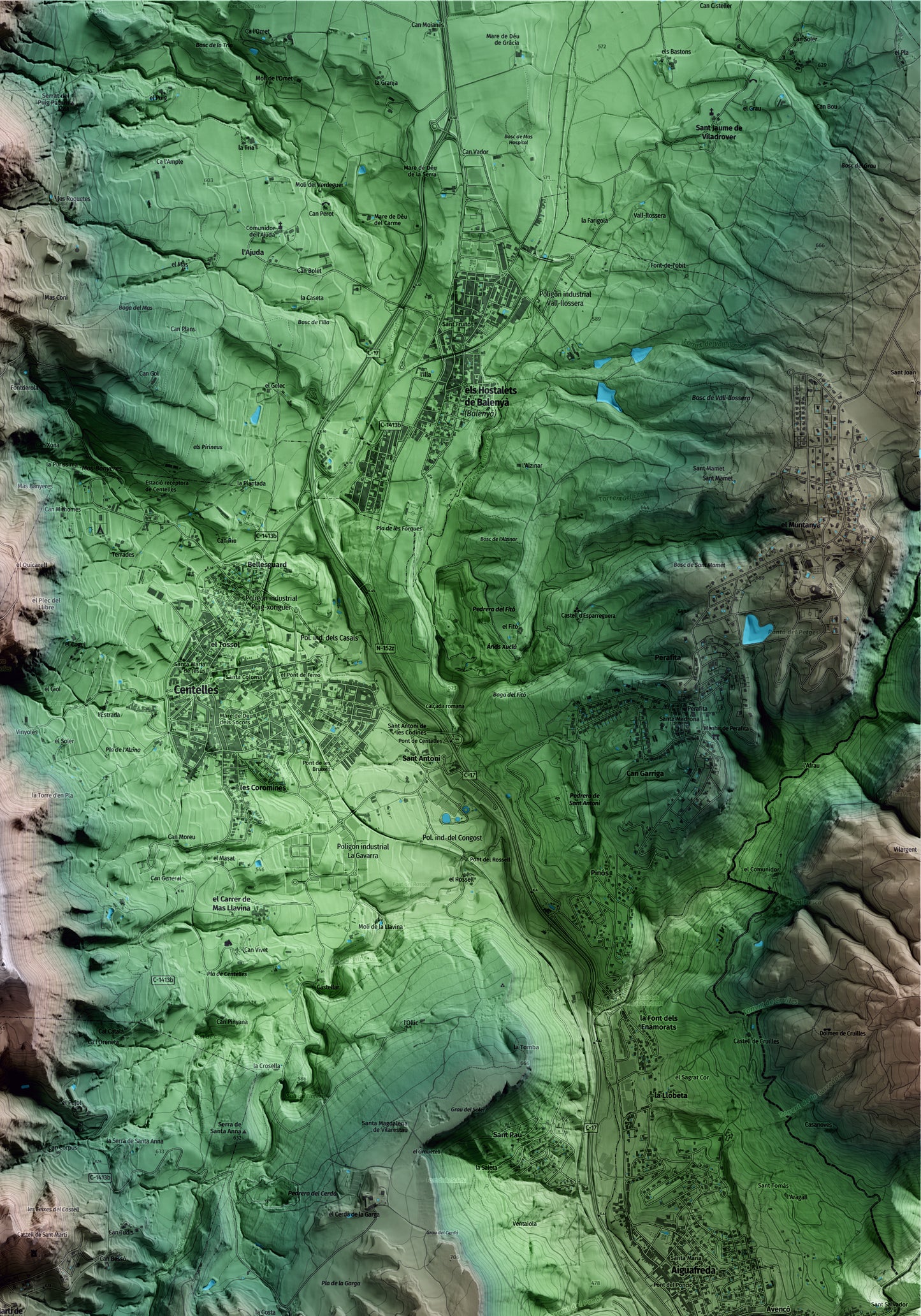 Mapa artístico del relieve de Sant Martí de Centelles, a Osona, con 15 km de entorno y base topográfica ICGC. Detalle de la zona superior derecha.