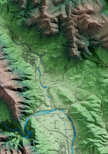 Mapa artístico del relieve de Sant Martí de Llémena, al Gironès, con 15 km de entorno y base topográfica ICGC. Detalle de la zona inferior izquierda.