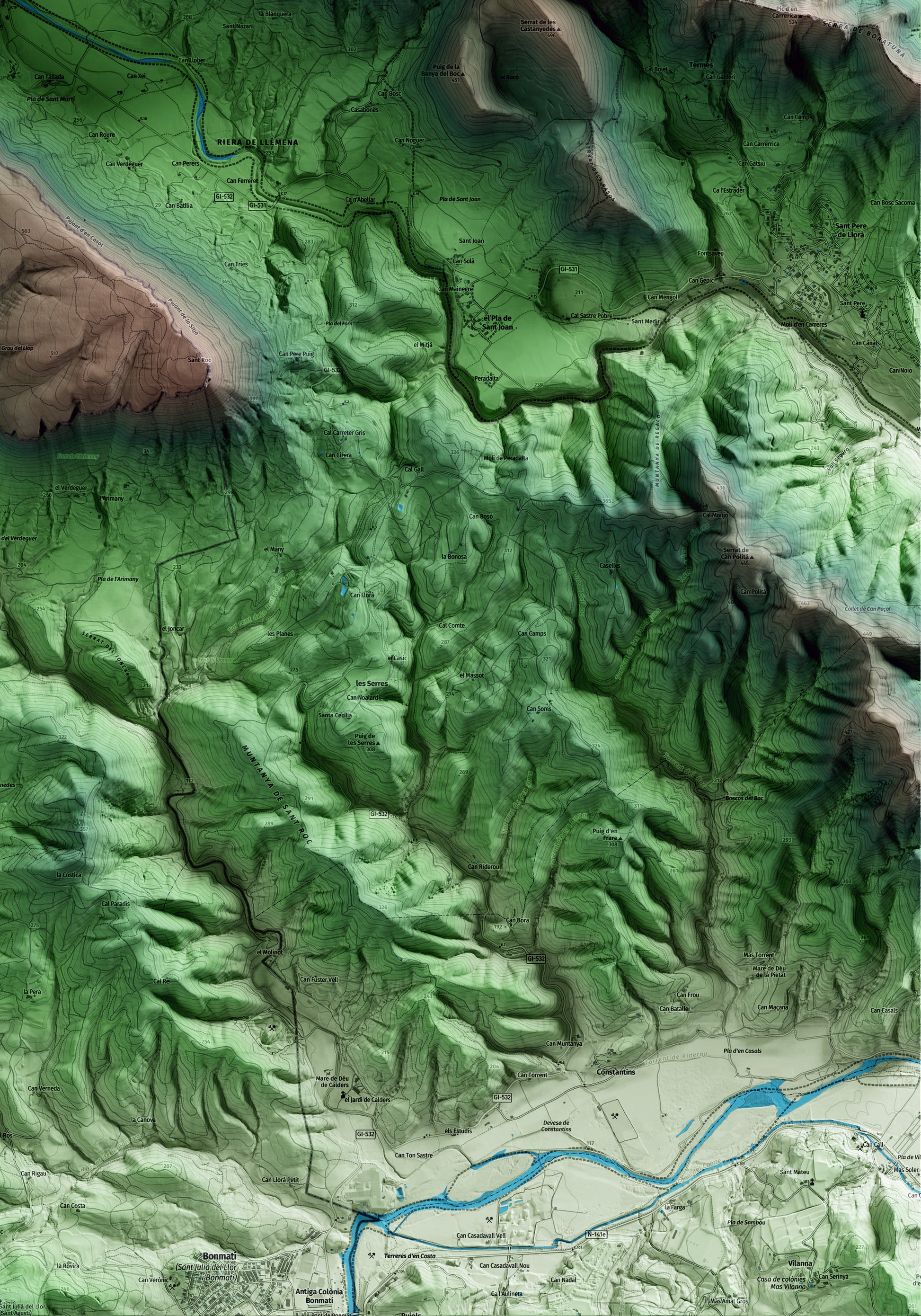 Mapa artístico del relieve de Sant Martí de Llémena, al Gironès, con 15 km de entorno y base topográfica ICGC. Detalle de la zona inferior derecha.