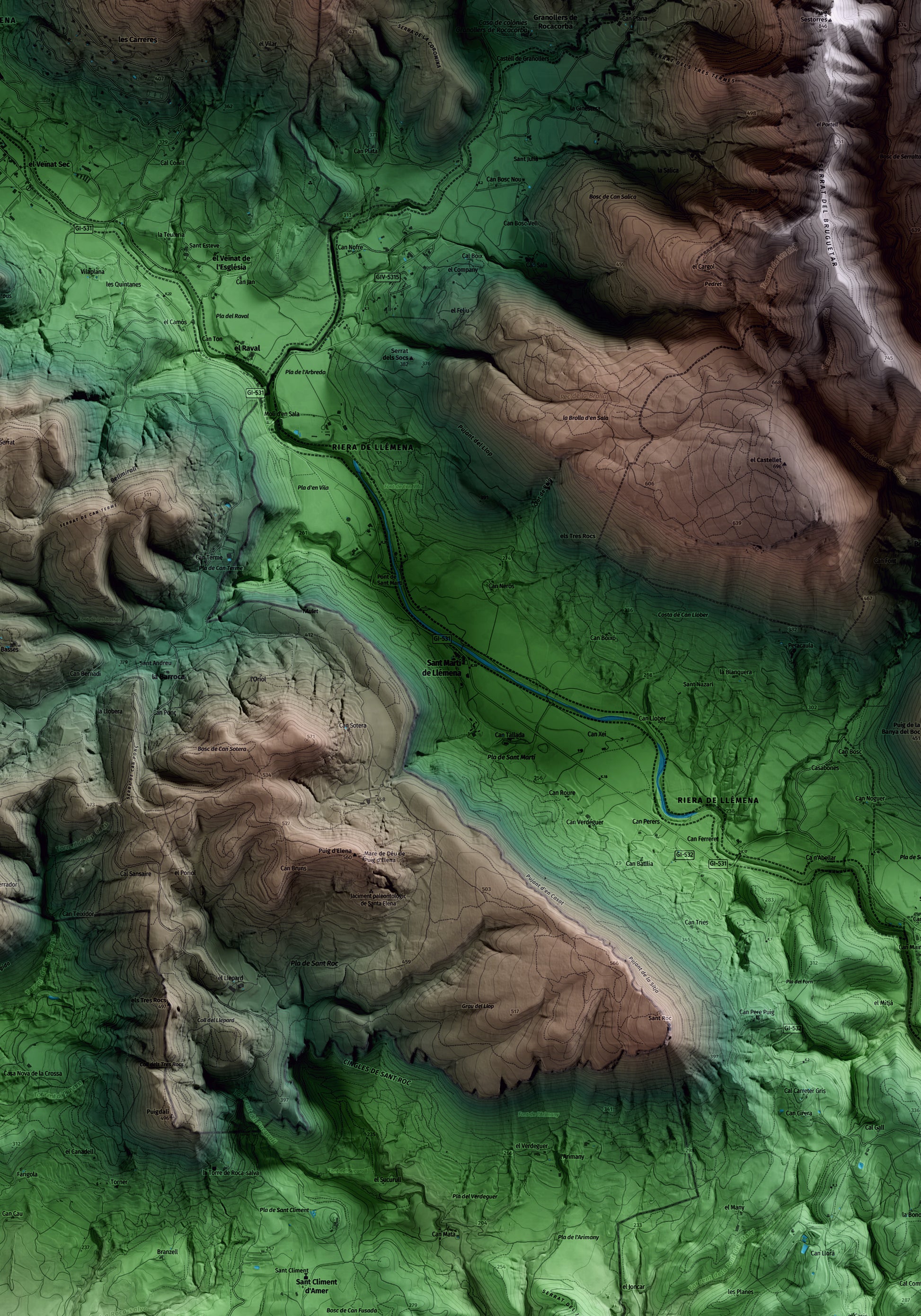 Mapa artístico del relieve de Sant Martí de Llémena, al Gironès, con 15 km de entorno y base topográfica ICGC. Detalle de la zona central.