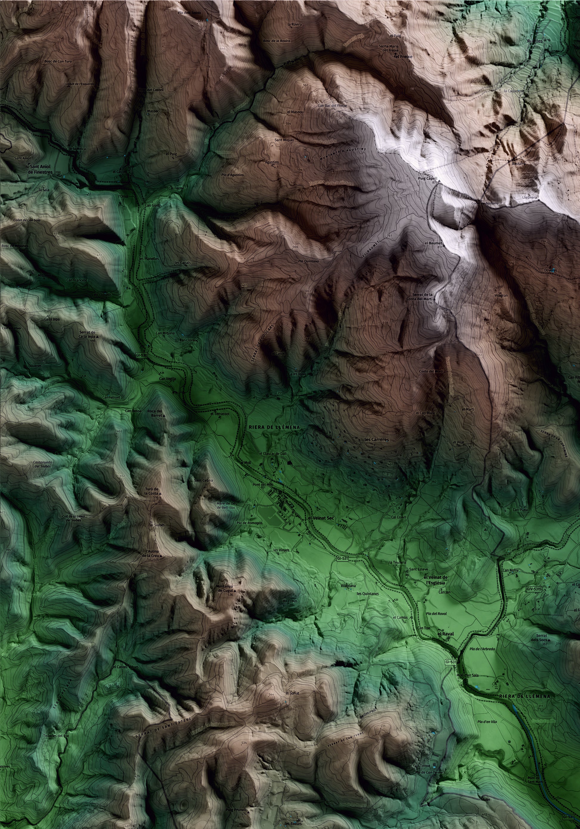 Mapa artístico del relieve de Sant Martí de Llémena, al Gironès, con 15 km de entorno y base topográfica ICGC. Detalle de la zona superior izquierda.