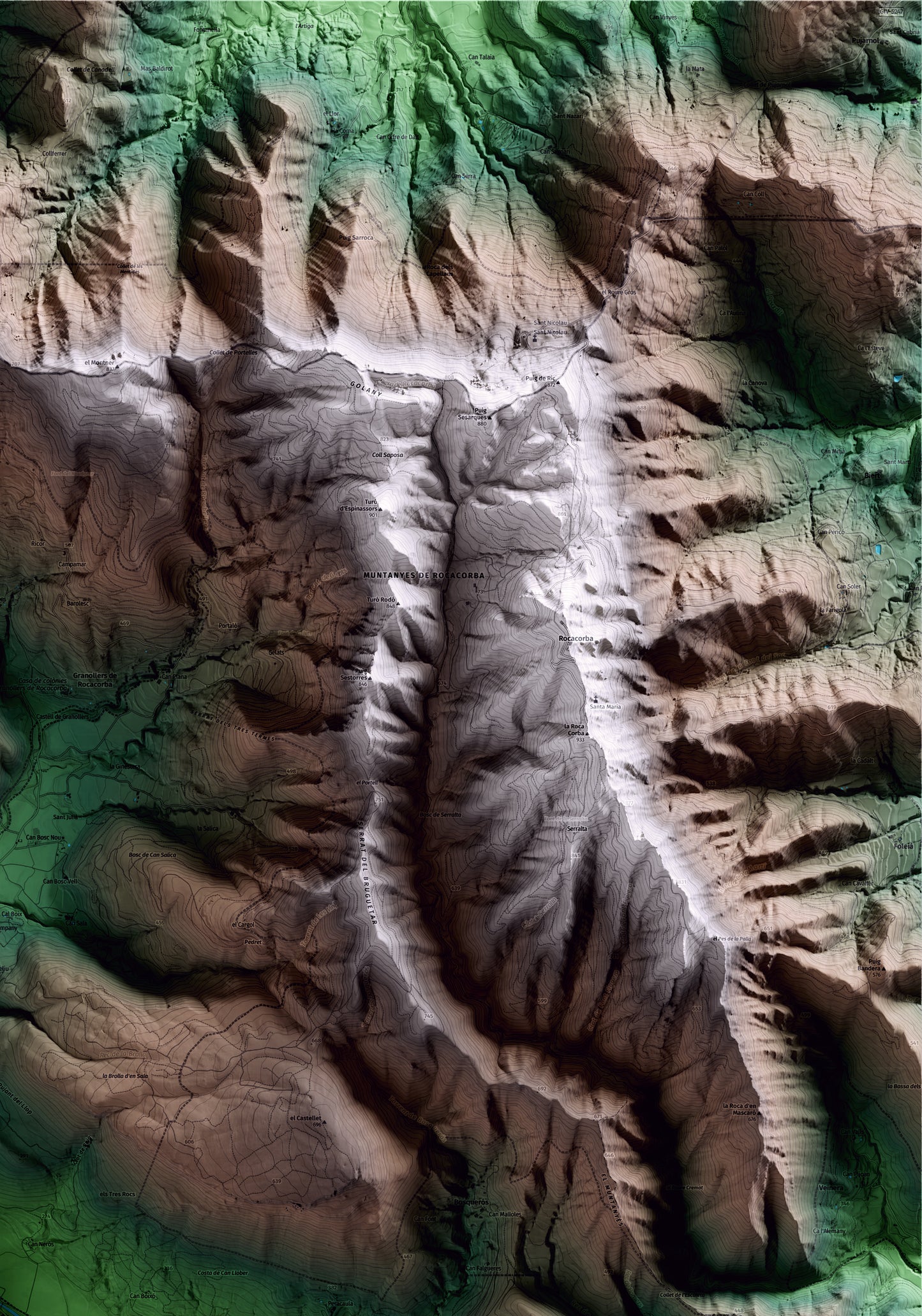 Mapa artístico del relieve de Sant Martí de Llémena, al Gironès, con 15 km de entorno y base topográfica ICGC. Detalle de la zona superior derecha.
