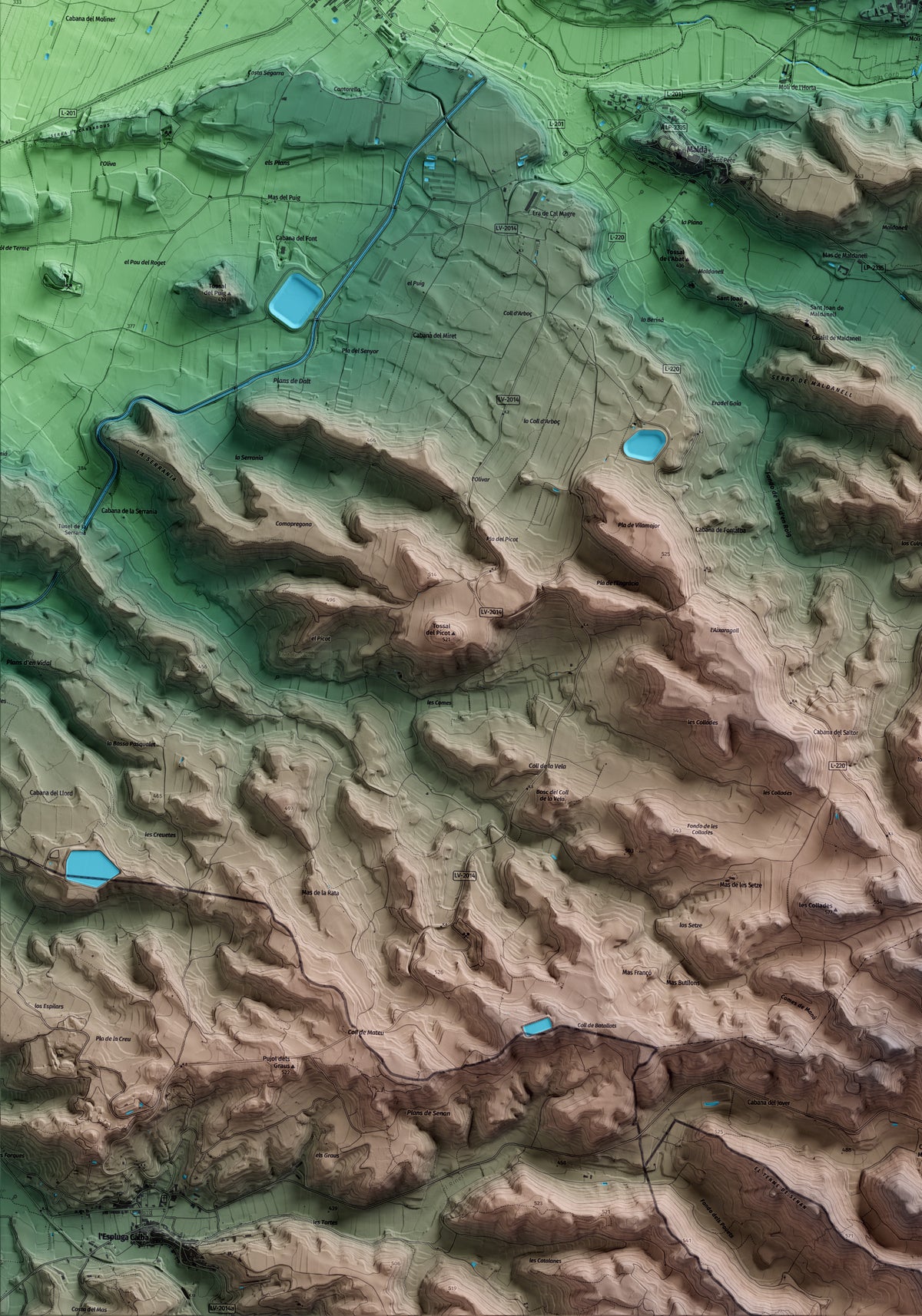 Mapa artístico del relieve de Sant Martí de Riucorb, al Urgell, con 15 km de entorno y base topográfica ICGC. Detalle de la zona inferior izquierda.
