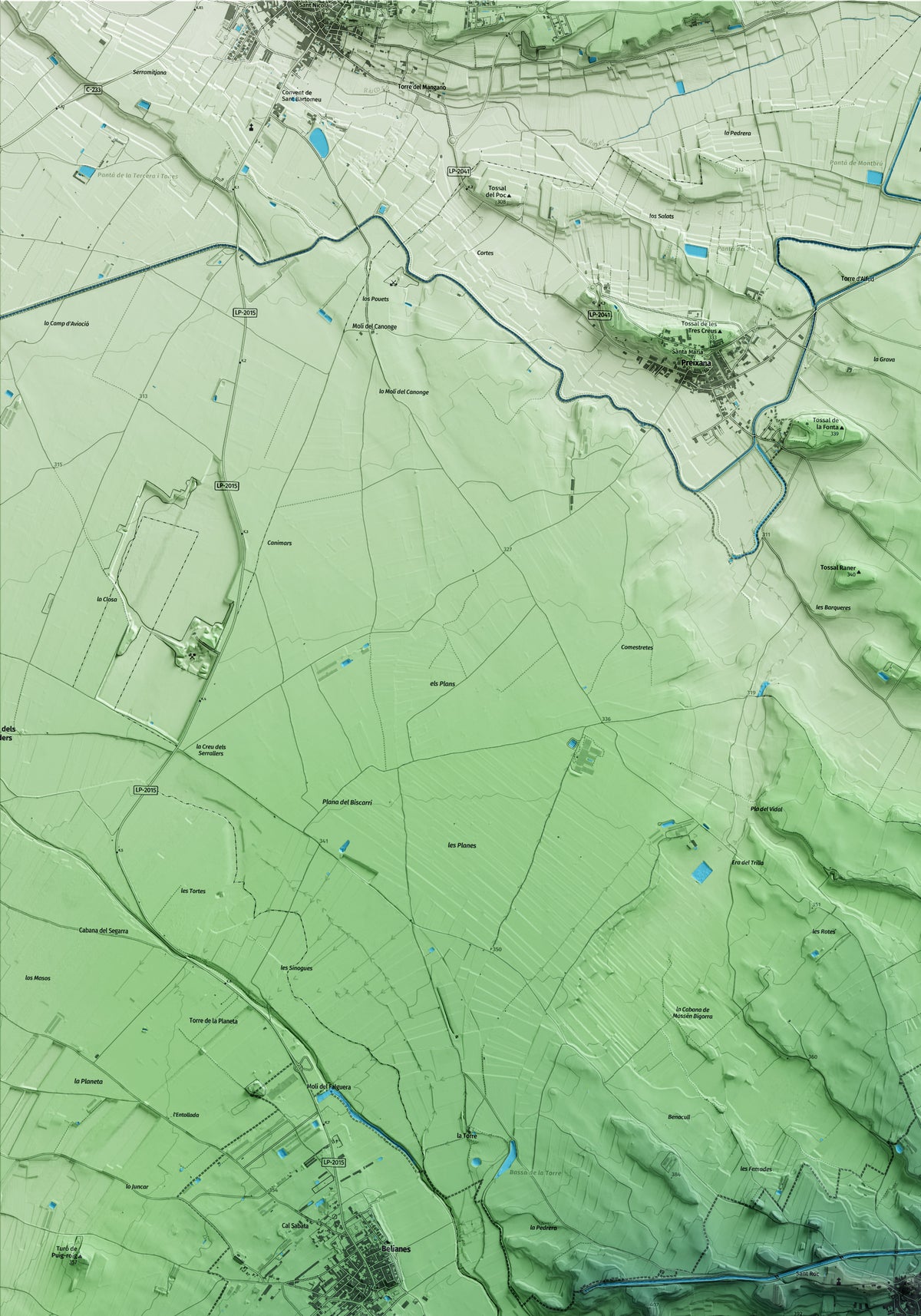Mapa artístico del relieve de Sant Martí de Riucorb, al Urgell, con 15 km de entorno y base topográfica ICGC. Detalle de la zona superior izquierda.