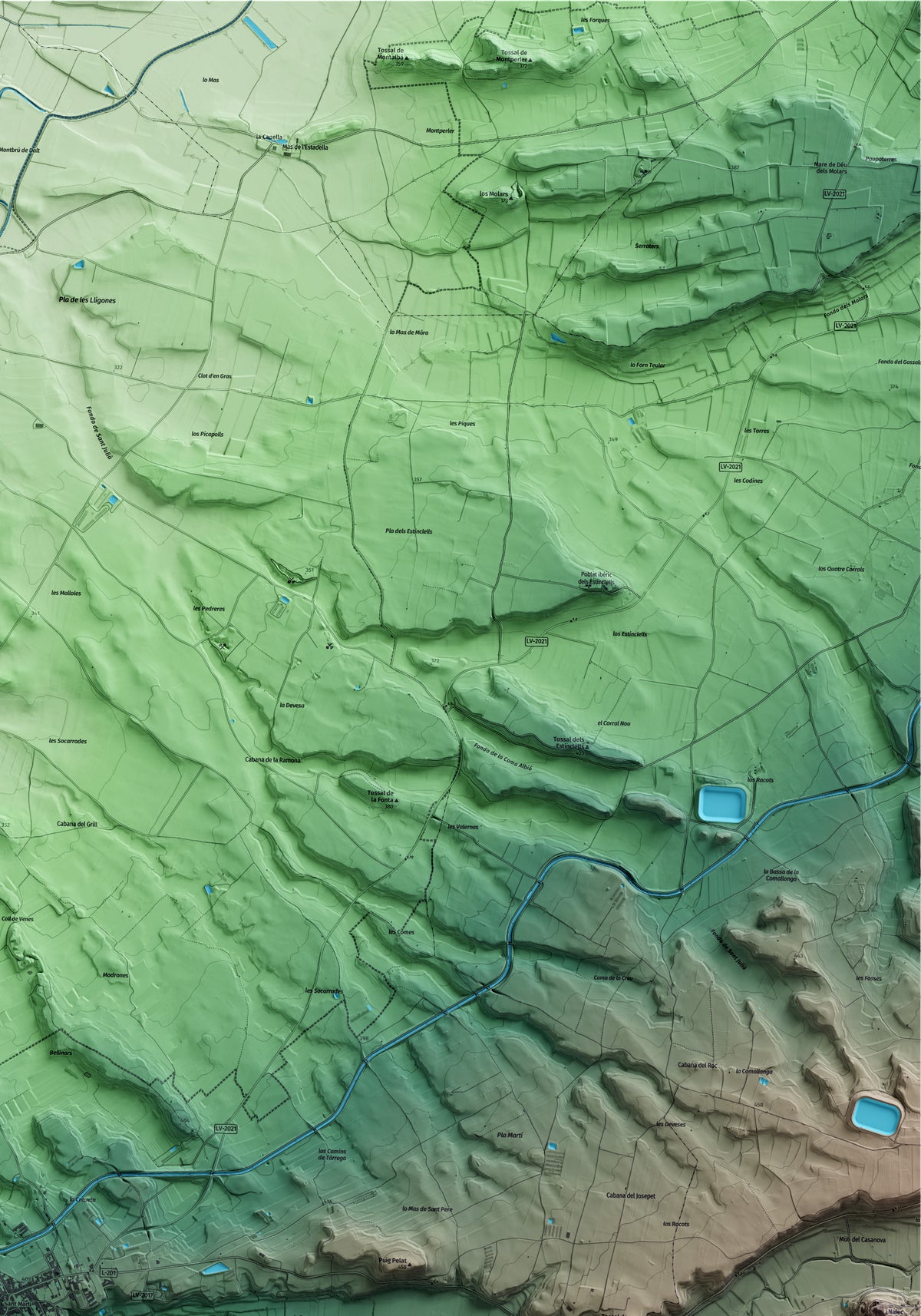 Mapa artístico del relieve de Sant Martí de Riucorb, al Urgell, con 15 km de entorno y base topográfica ICGC. Detalle de la zona superior derecha.