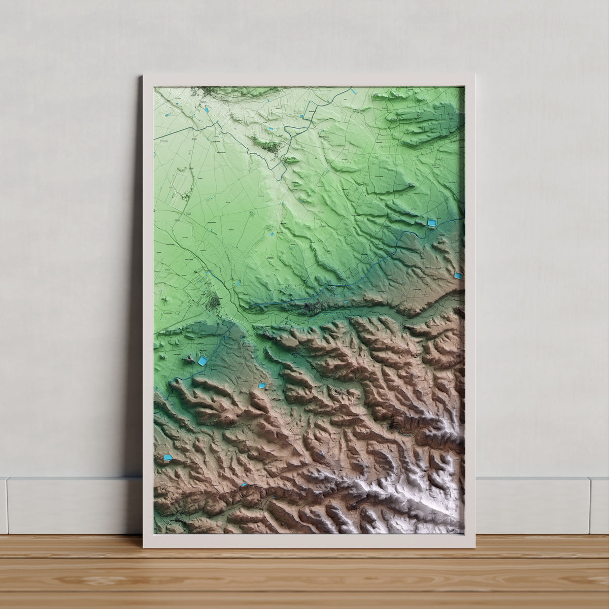 Mapa artístico del relieve de Sant Martí de Riucorb, al Urgell, con 15 km de entorno y base topográfica ICGC. Presentación enmarcada.