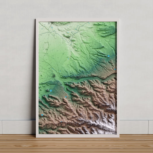 Mapa artístico del relieve de Sant Martí de Riucorb, al Urgell, con 15 km de entorno y base topográfica ICGC. Presentación enmarcada.