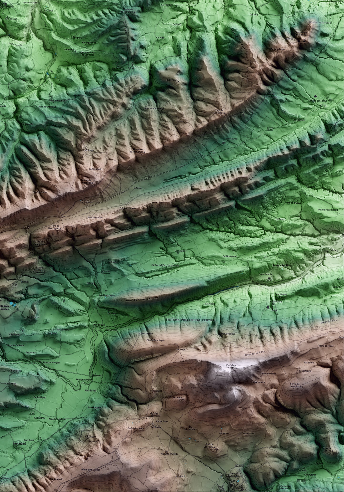 Mapa artístico del relieve de Sant Martí de Tous, al Anoia, con 15 km de entorno y base topográfica ICGC. Detalle de la zona inferior derecha.