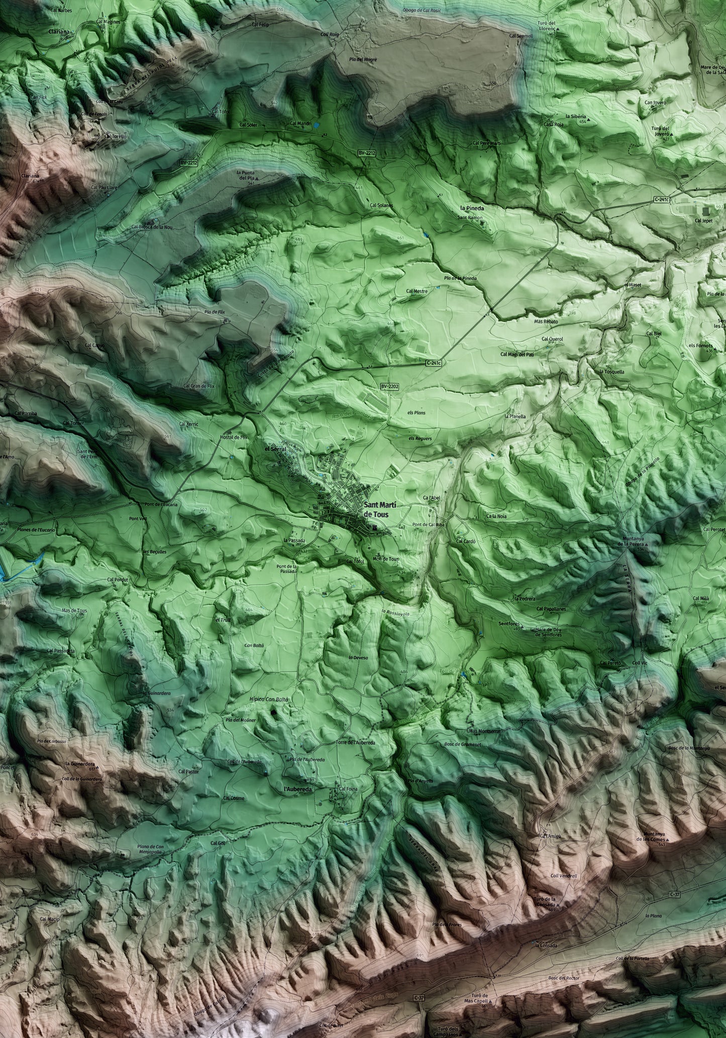 Mapa artístico del relieve de Sant Martí de Tous, al Anoia, con 15 km de entorno y base topográfica ICGC. Detalle de la zona central.