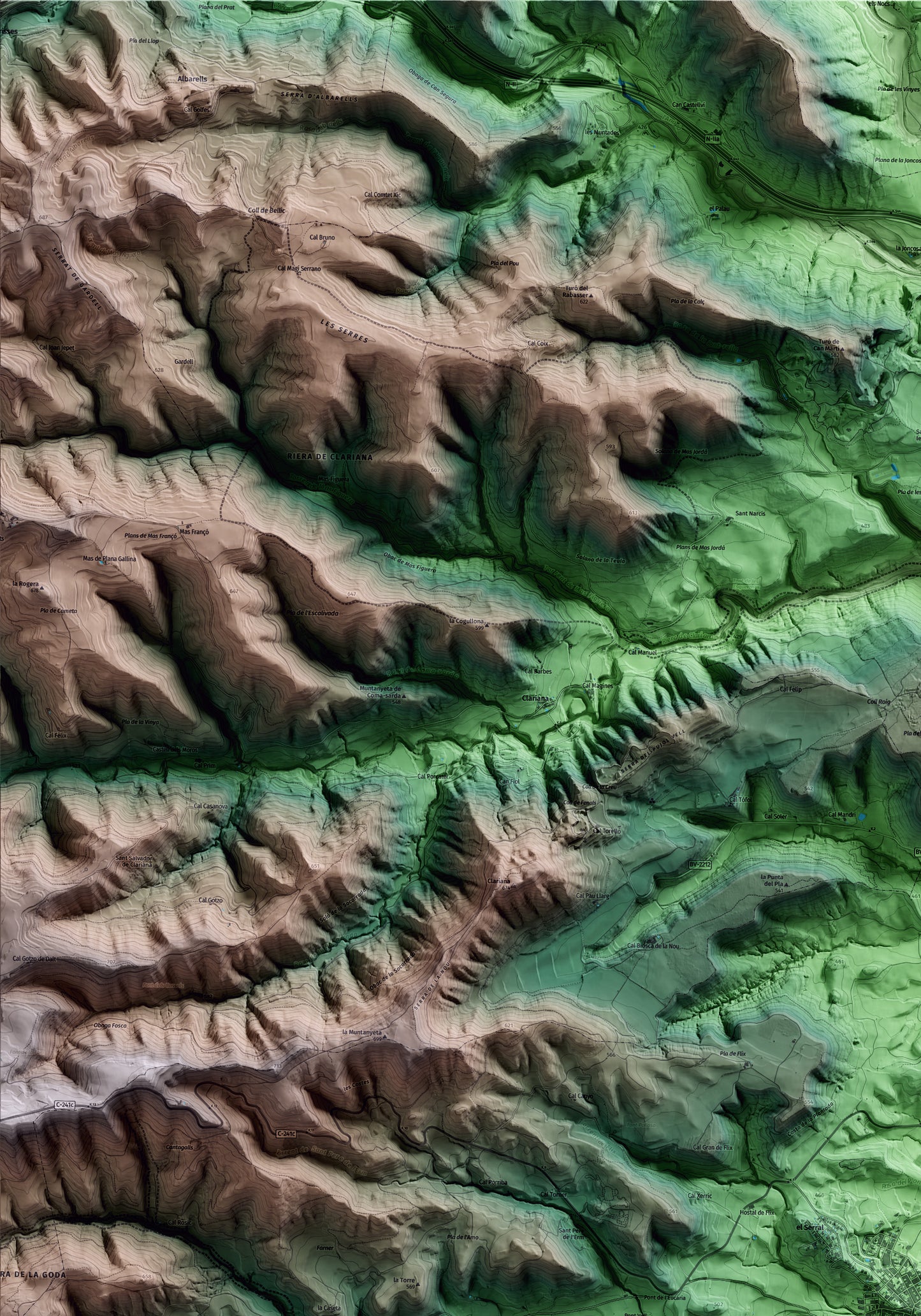 Mapa artístico del relieve de Sant Martí de Tous, al Anoia, con 15 km de entorno y base topográfica ICGC. Detalle de la zona superior izquierda.