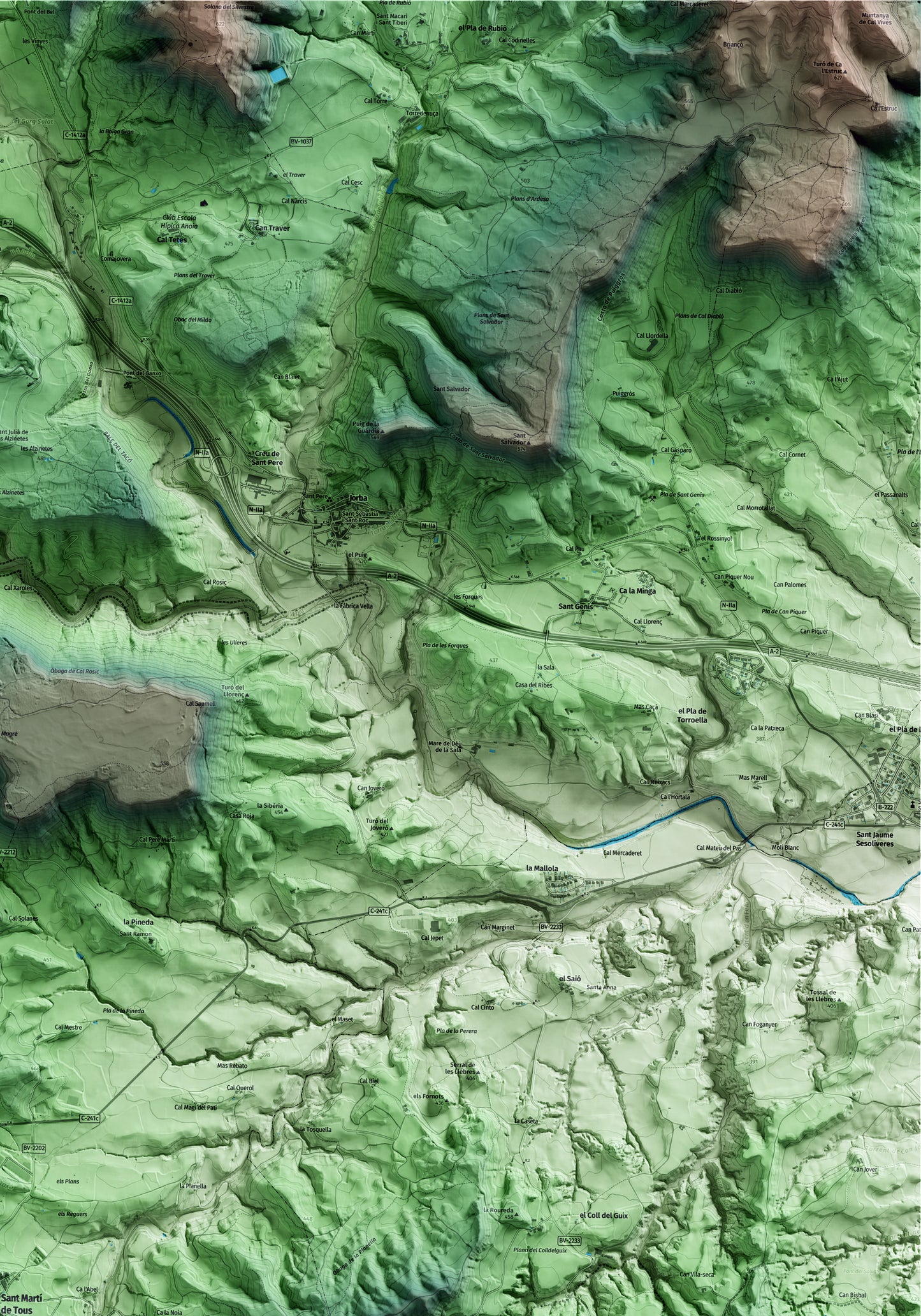 Mapa artístico del relieve de Sant Martí de Tous, al Anoia, con 15 km de entorno y base topográfica ICGC. Detalle de la zona superior derecha.