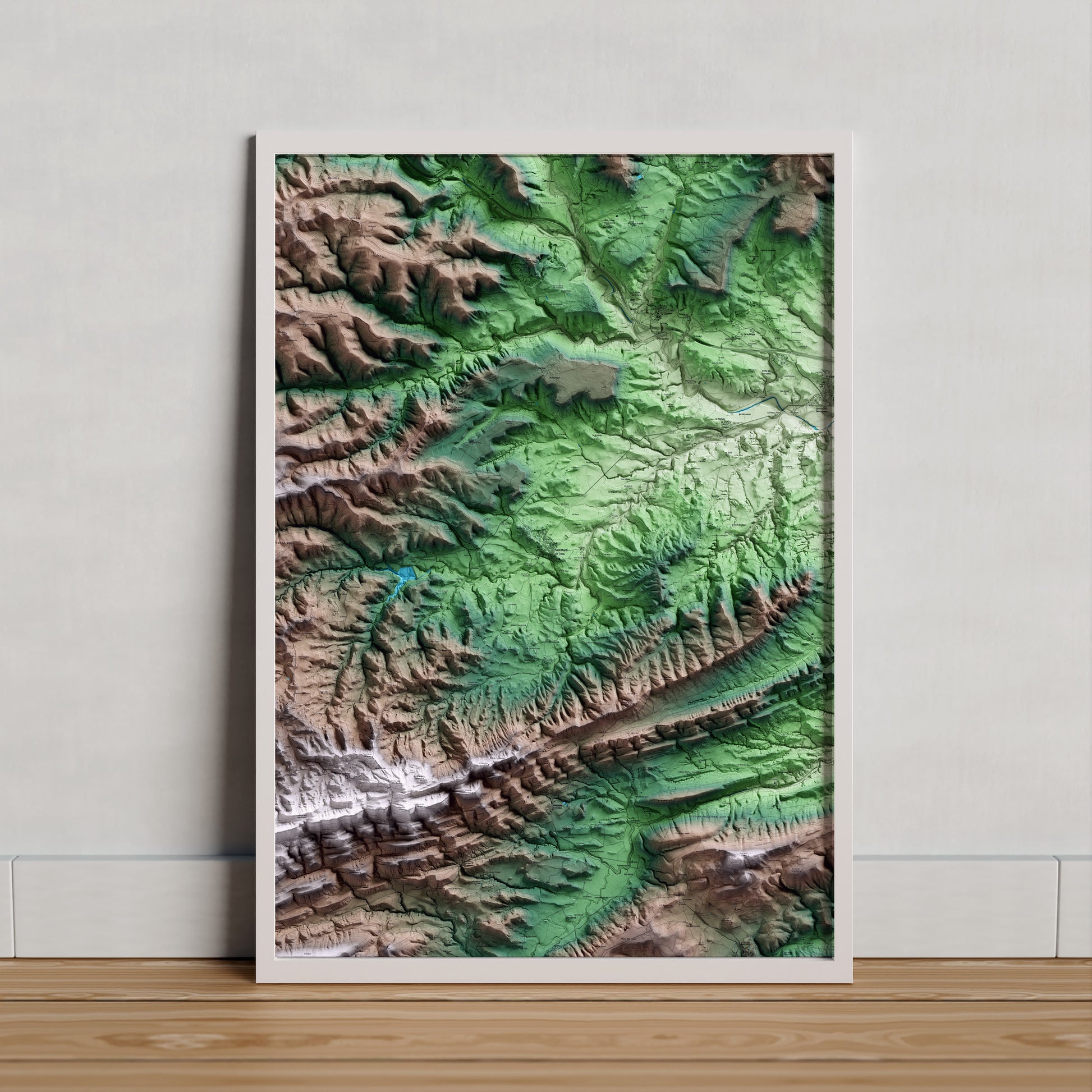 Mapa artístico del relieve de Sant Martí de Tous, al Anoia, con 15 km de entorno y base topográfica ICGC. Presentación enmarcada.