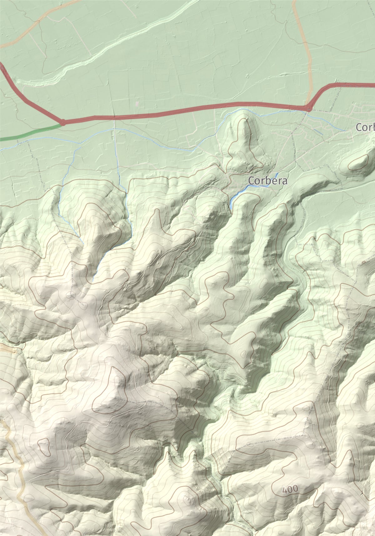 Mapa de relieve de Sant Martí de la Roca, 522 m, Rosselló, lámina 100 Cims de Trobart. Detalle de la zona superior izquierda. 21 × 30 cm.