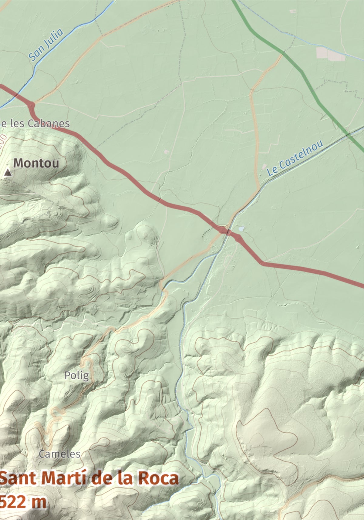 Mapa de relieve de Sant Martí de la Roca, 522 m, Rosselló, lámina 100 Cims de Trobart. Detalle de la zona superior derecha. 21 × 30 cm.