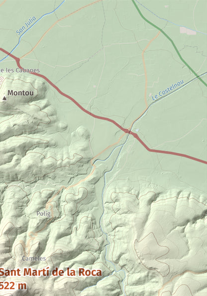 Mapa de relieve de Sant Martí de la Roca, 522 m, Rosselló, lámina 100 Cims de Trobart. Detalle de la zona superior derecha. 21 × 30 cm.