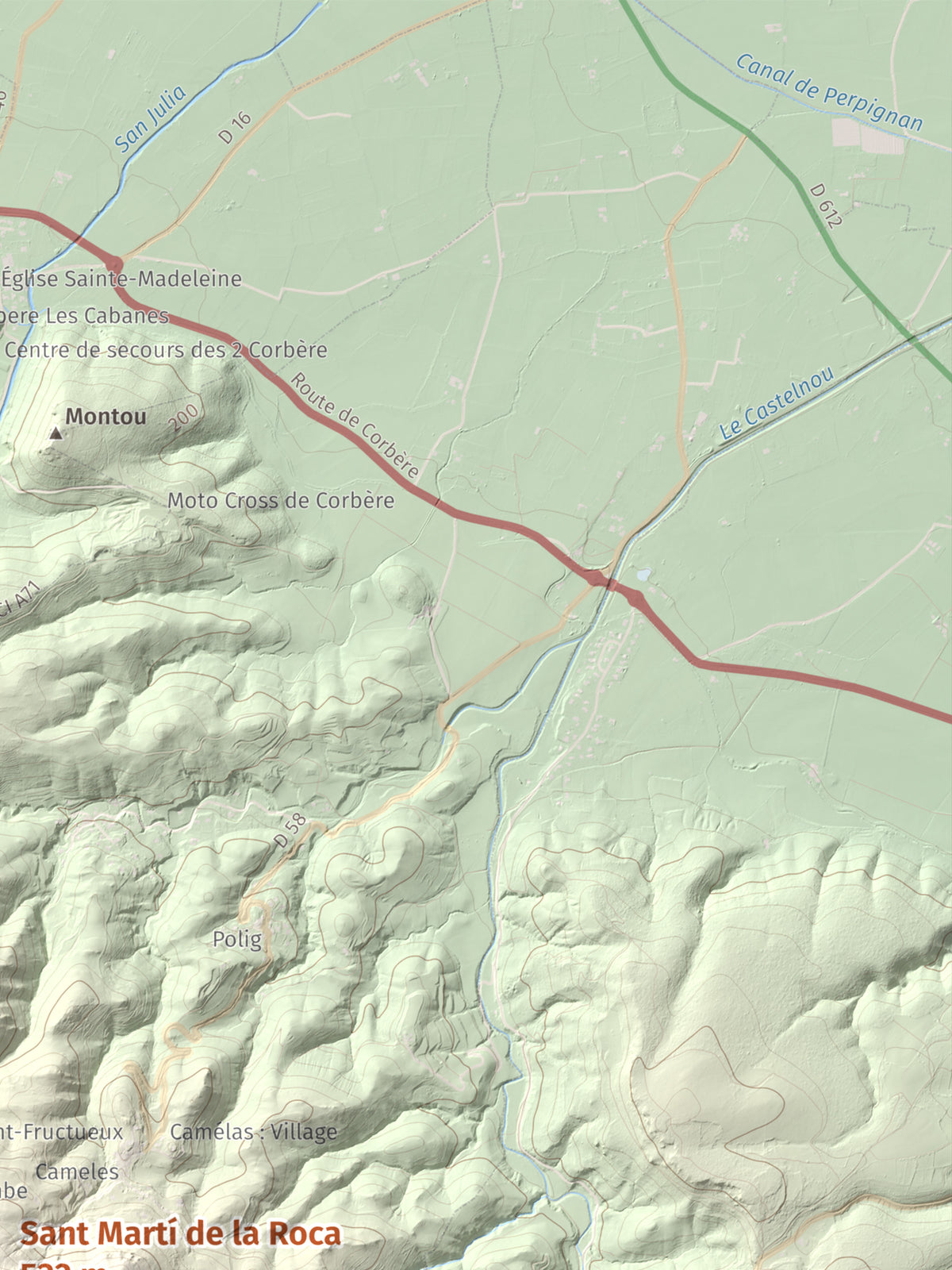 Mapa de relieve de Sant Martí de la Roca, 522 m, Rosselló, lámina 100 Cims de Trobart. Detalle de la zona superior derecha. 30 × 40 cm.