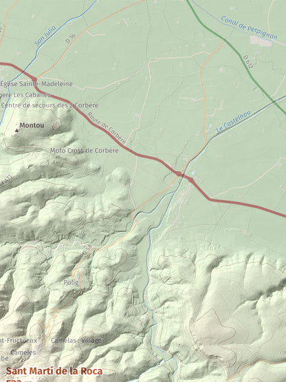 Mapa de relieve de Sant Martí de la Roca, 522 m, Rosselló, lámina 100 Cims de Trobart. Detalle de la zona superior derecha. 30 × 40 cm.