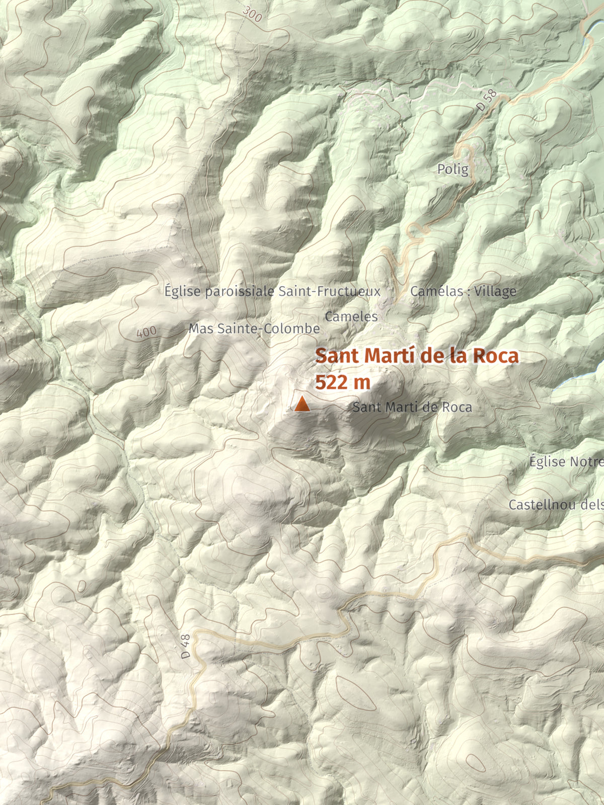 Mapa de relieve de Sant Martí de la Roca, 522 m, Rosselló, lámina 100 Cims de Trobart. Detalle de la zona central. 30 × 40 cm.