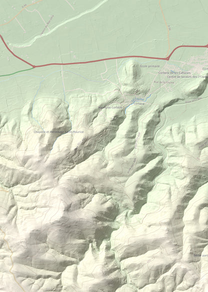 Mapa de relieve de Sant Martí de la Roca, 522 m, Rosselló, lámina 100 Cims de Trobart. Detalle de la zona superior izquierda. 50 × 70 cm.