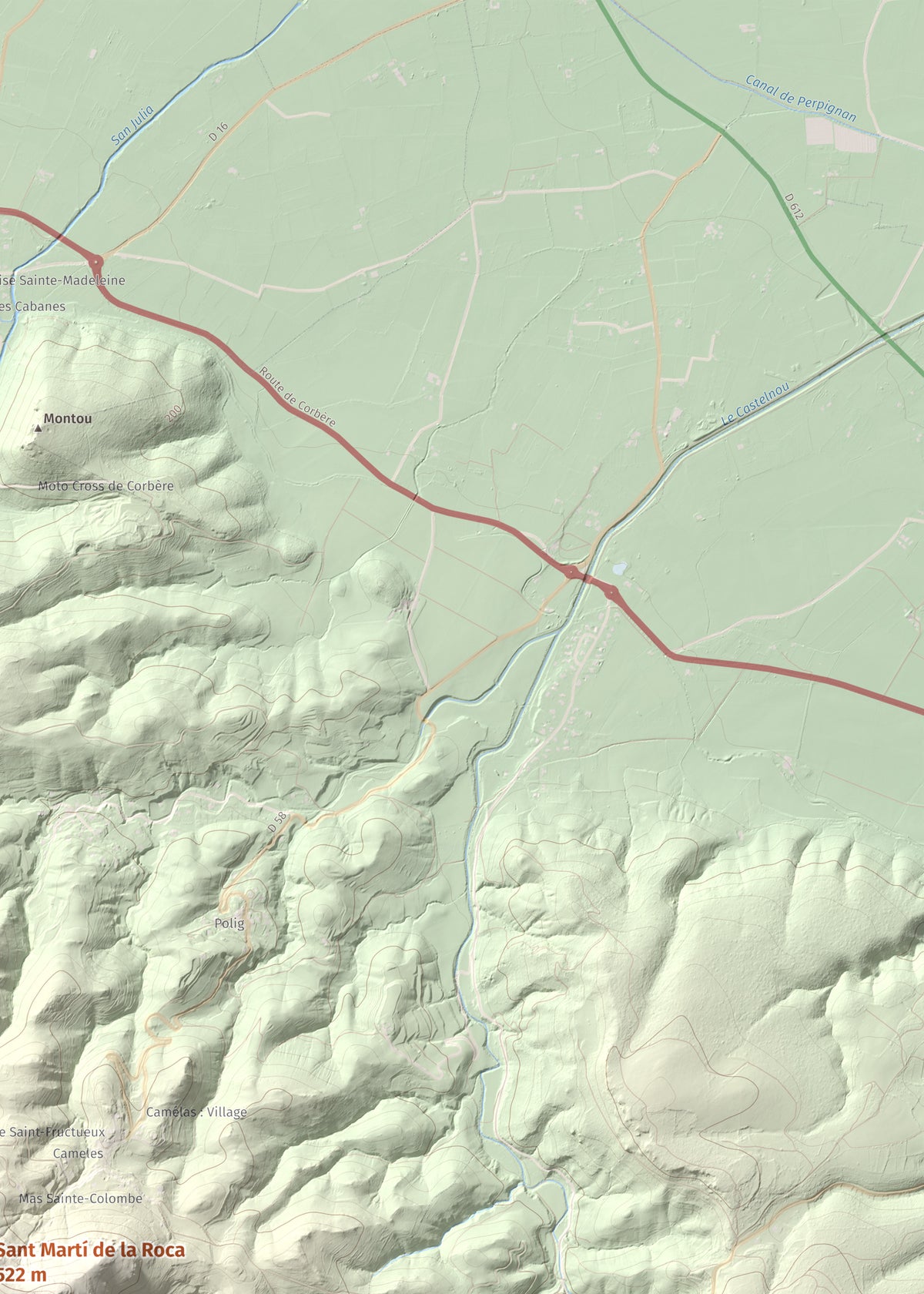Mapa de relieve de Sant Martí de la Roca, 522 m, Rosselló, lámina 100 Cims de Trobart. Detalle de la zona superior derecha. 50 × 70 cm.