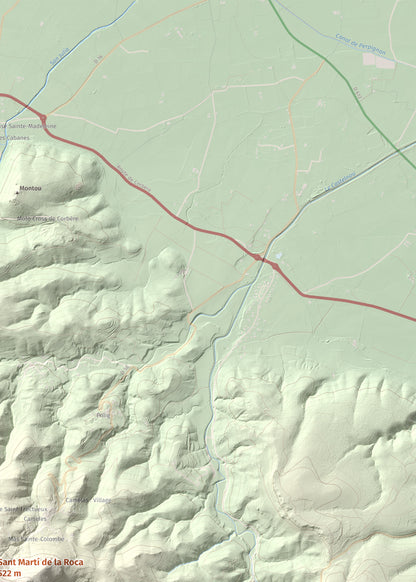 Mapa de relieve de Sant Martí de la Roca, 522 m, Rosselló, lámina 100 Cims de Trobart. Detalle de la zona superior derecha. 50 × 70 cm.
