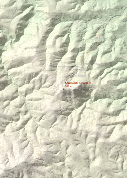 Mapa de relieve de Sant Martí de la Roca, 522 m, Rosselló, lámina 100 Cims de Trobart. Detalle de la zona central. 50 × 70 cm.