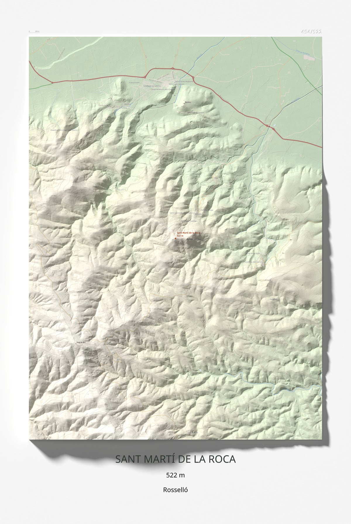 Mapa de relieve de Sant Martí de la Roca, 522 m, Rosselló, lámina 100 Cims de Trobart 61 × 91 cm.