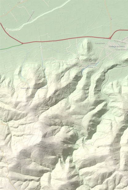 Mapa de relieve de Sant Martí de la Roca, 522 m, Rosselló, lámina 100 Cims de Trobart. Detalle de la zona superior izquierda. 61 × 91 cm.