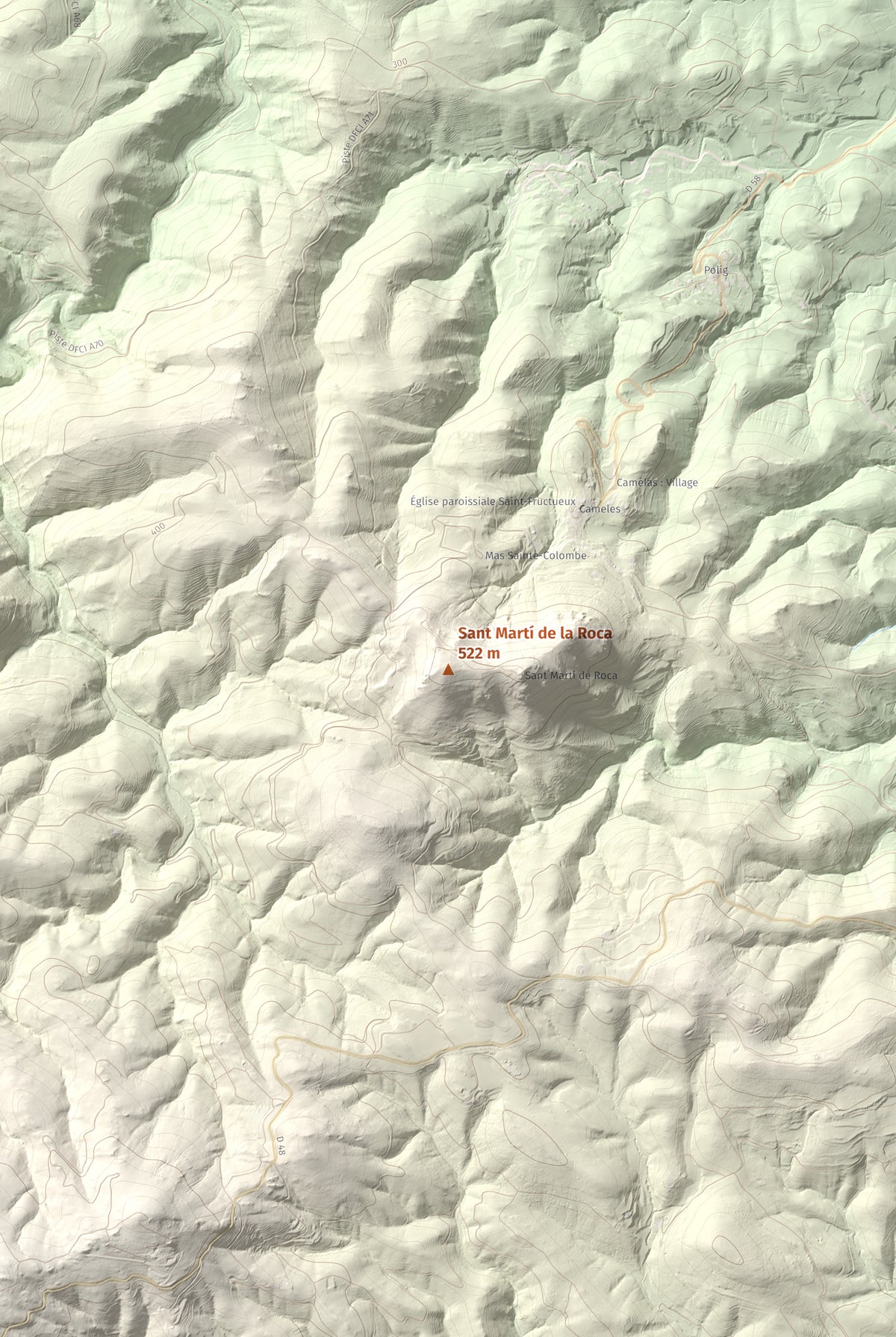 Mapa de relieve de Sant Martí de la Roca, 522 m, Rosselló, lámina 100 Cims de Trobart. Detalle de la zona central. 61 × 91 cm.