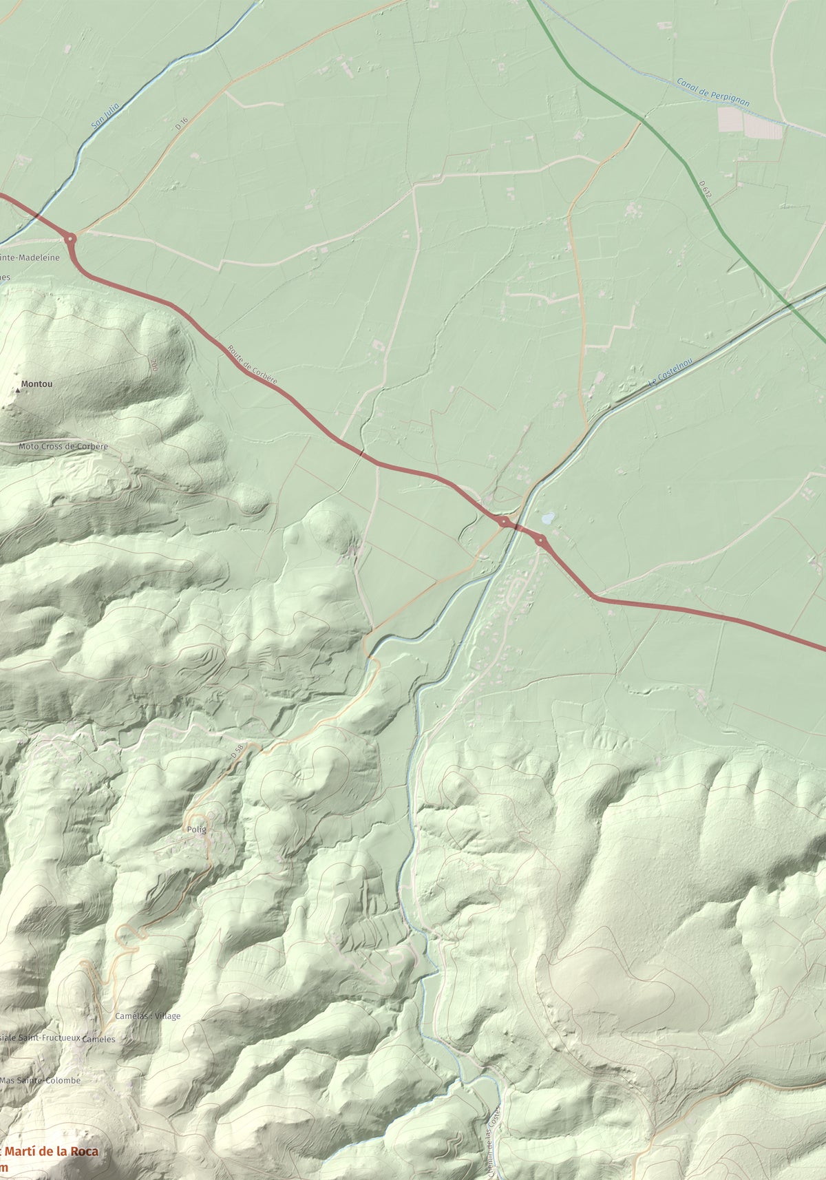 Mapa de relieve de Sant Martí de la Roca, 522 m, Rosselló, lámina 100 Cims de Trobart. Detalle de la zona superior derecha. 70 × 100 cm.