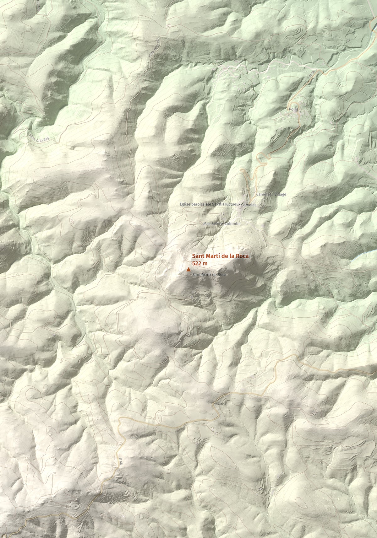 Mapa de relieve de Sant Martí de la Roca, 522 m, Rosselló, lámina 100 Cims de Trobart. Detalle de la zona central. 70 × 100 cm.
