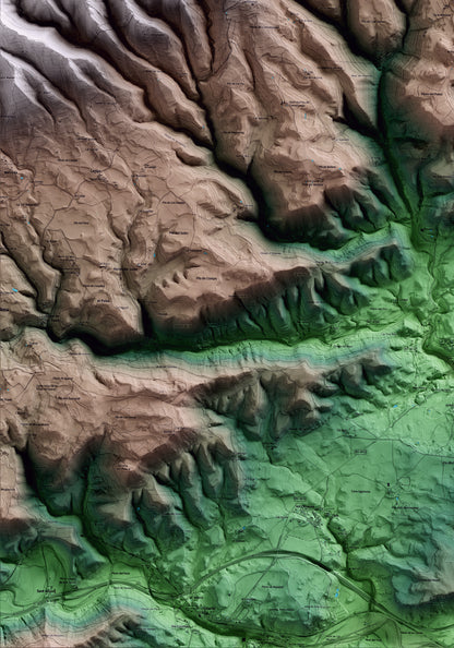 Mapa artístico del relieve de Sant Mateu de Bages, al Bages, con 15 km de entorno y base topográfica ICGC. Detalle de la zona inferior izquierda.
