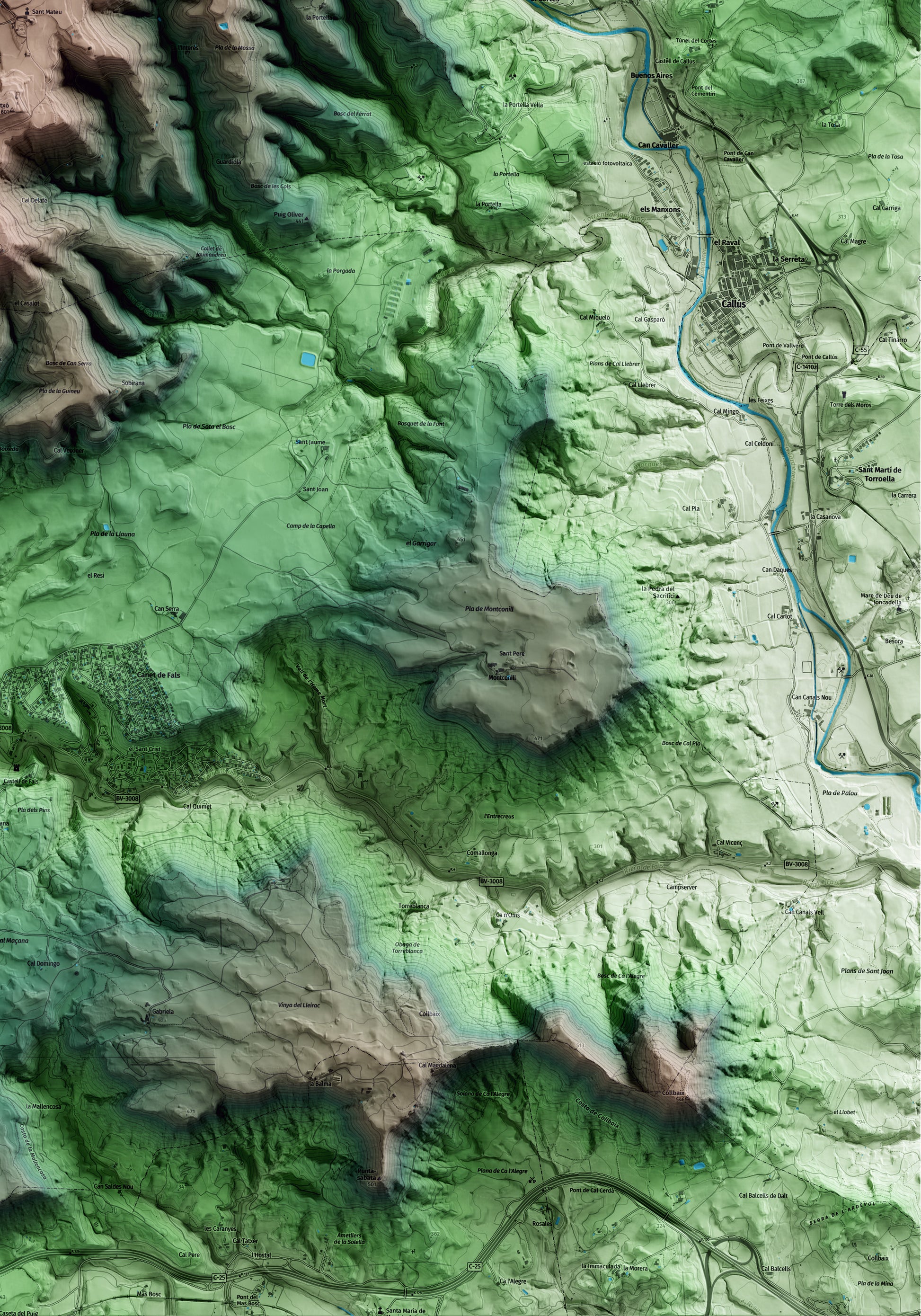 Mapa artístico del relieve de Sant Mateu de Bages, al Bages, con 15 km de entorno y base topográfica ICGC. Detalle de la zona inferior derecha.