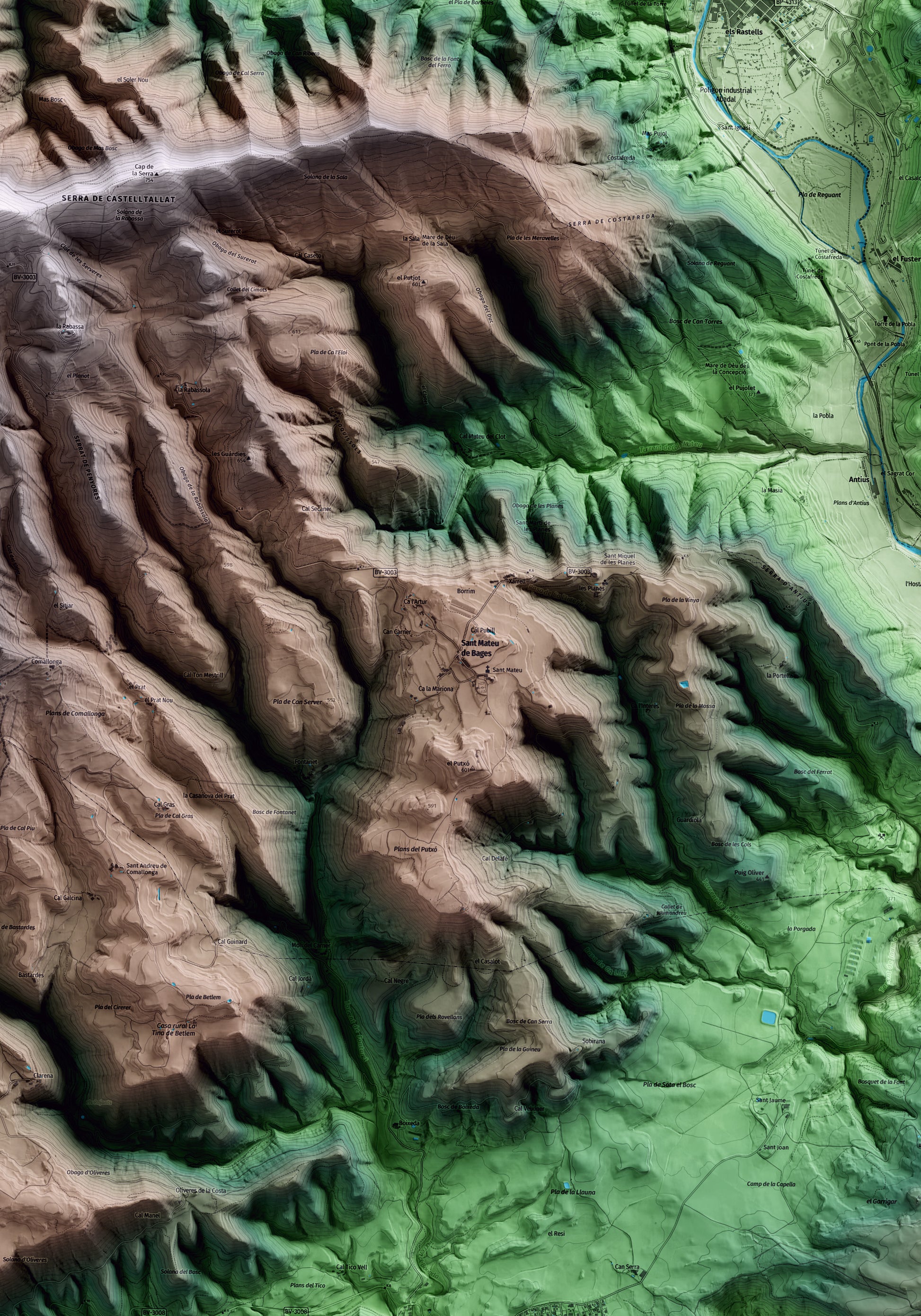 Mapa artístico del relieve de Sant Mateu de Bages, al Bages, con 15 km de entorno y base topográfica ICGC. Detalle de la zona central.