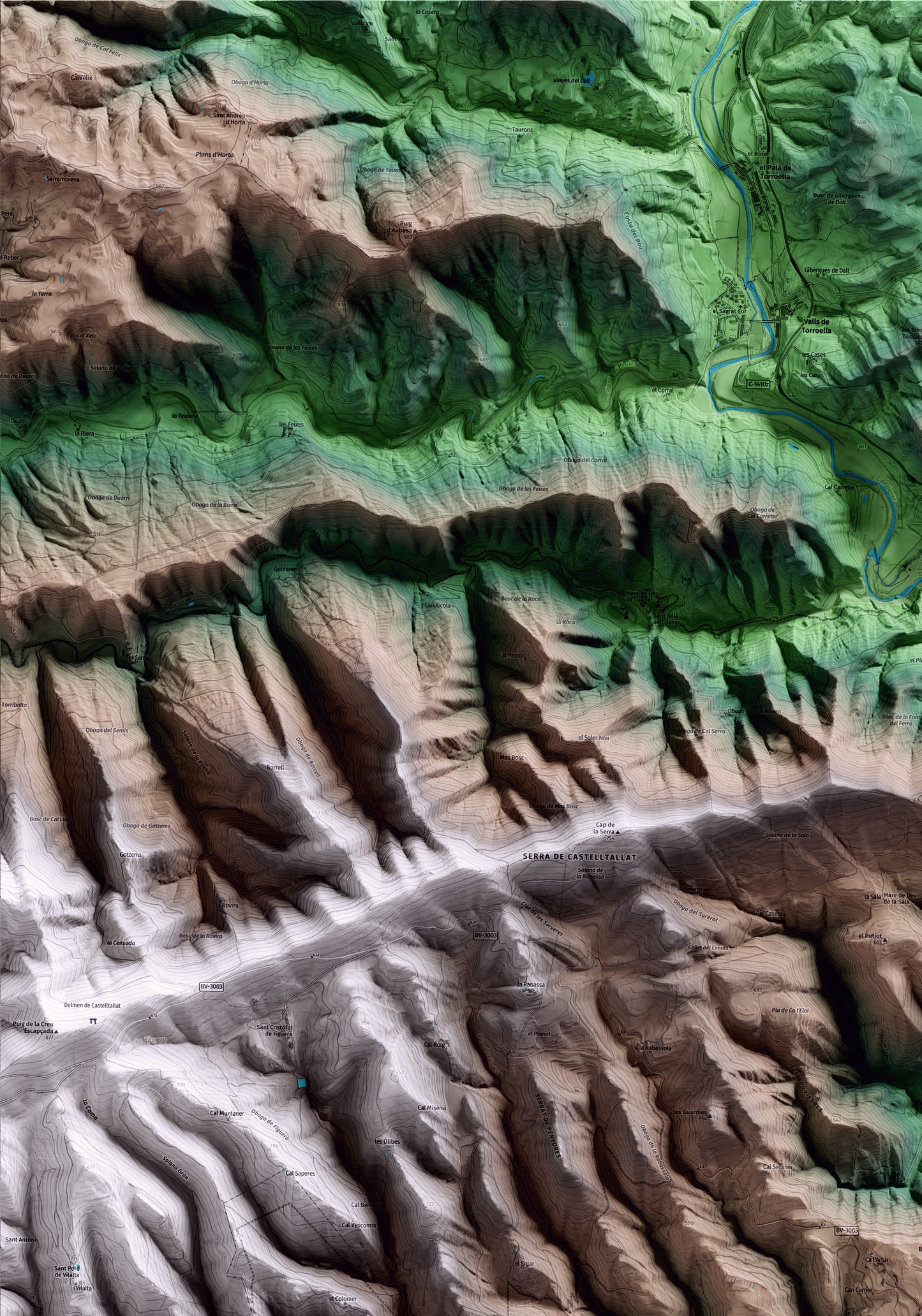 Mapa artístico del relieve de Sant Mateu de Bages, al Bages, con 15 km de entorno y base topográfica ICGC. Detalle de la zona superior izquierda.