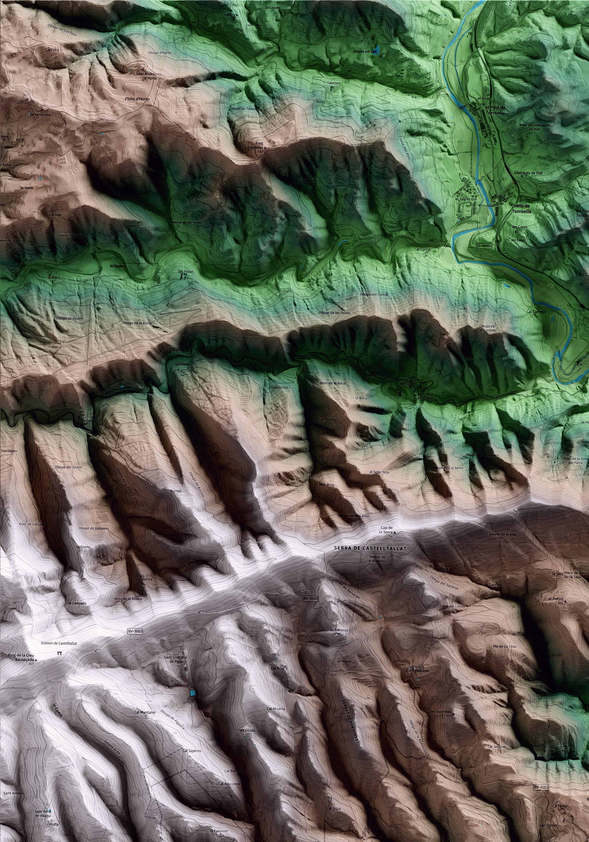 Mapa artístico del relieve de Sant Mateu de Bages, al Bages, con 15 km de entorno y base topográfica ICGC. Detalle de la zona superior izquierda.