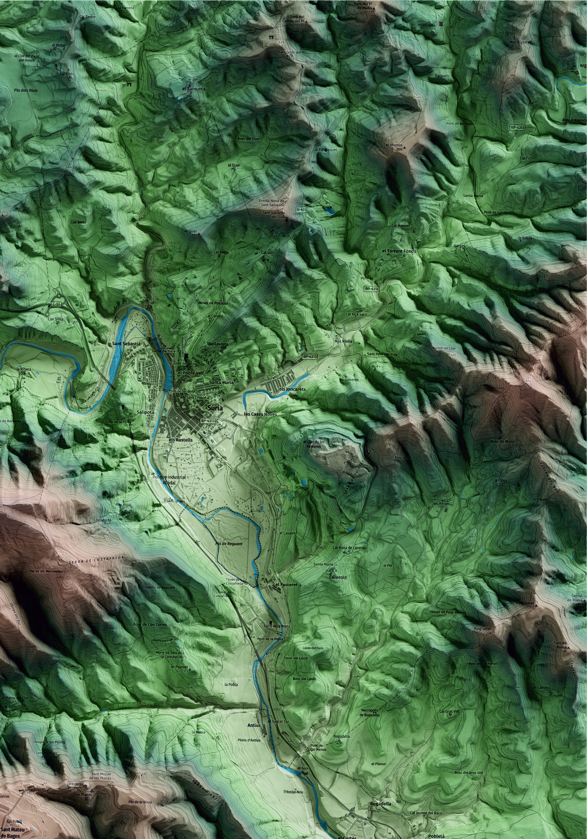 Mapa artístico del relieve de Sant Mateu de Bages, al Bages, con 15 km de entorno y base topográfica ICGC. Detalle de la zona superior derecha.