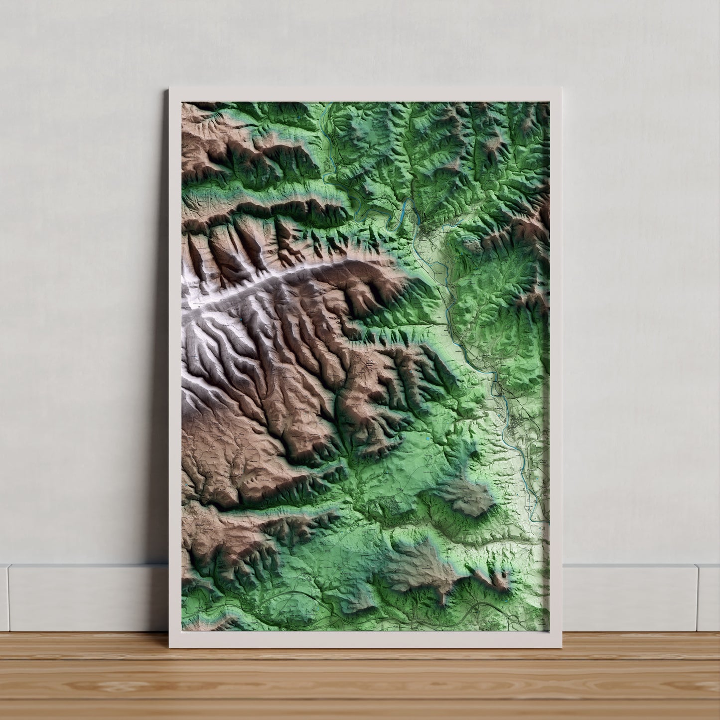 Mapa artístico del relieve de Sant Mateu de Bages, al Bages, con 15 km de entorno y base topográfica ICGC. Presentación enmarcada.
