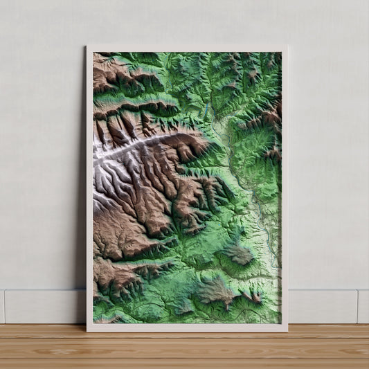 Mapa artístico del relieve de Sant Mateu de Bages, al Bages, con 15 km de entorno y base topográfica ICGC. Presentación enmarcada.
