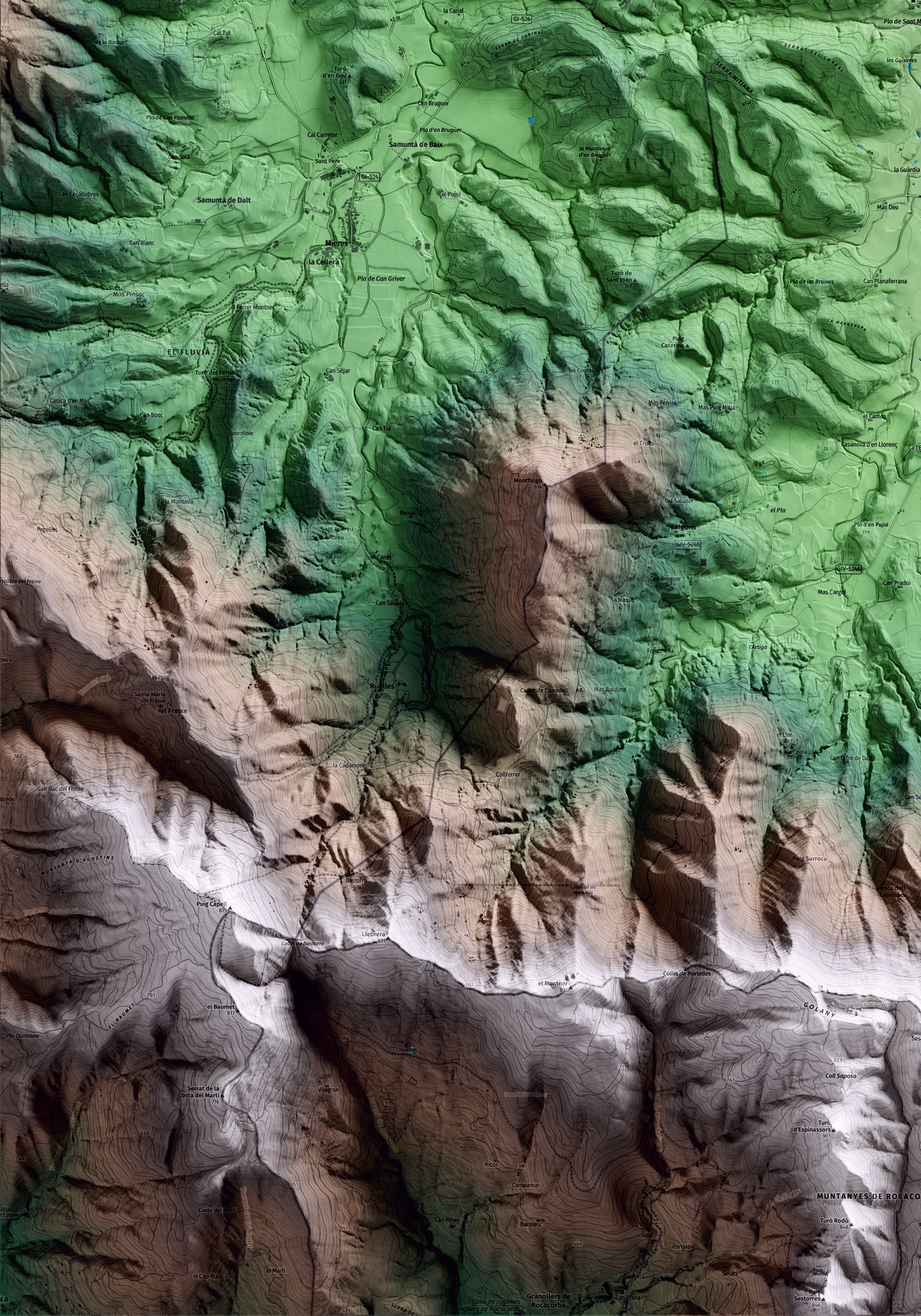 Mapa artístico del relieve de Sant Miquel de Campmajor, en el Pla de l'Estany, con 15 km de entorno y base topográfica ICGC. Detalle de la zona inferior izquierda.