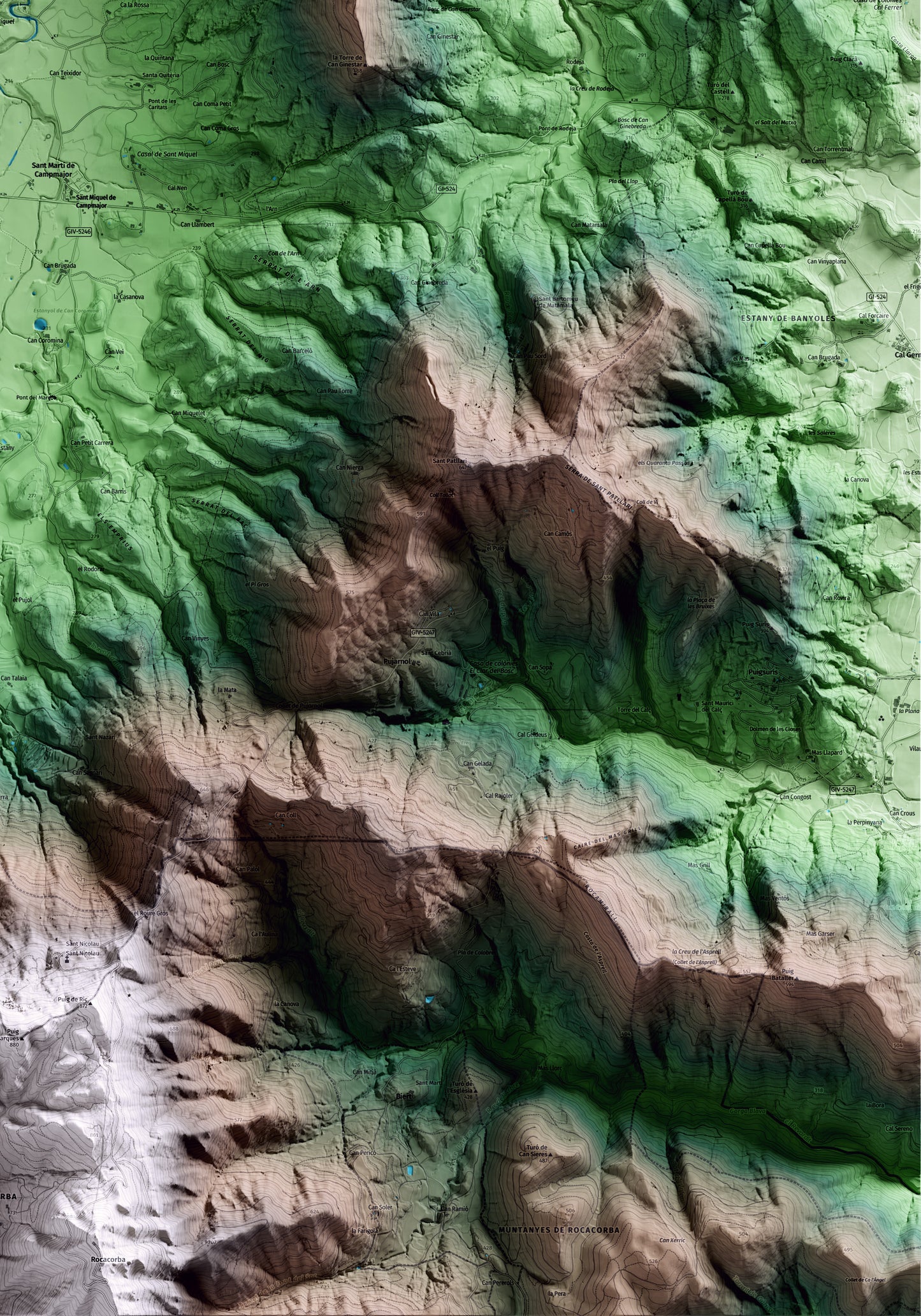 Mapa artístico del relieve de Sant Miquel de Campmajor, en el Pla de l'Estany, con 15 km de entorno y base topográfica ICGC. Detalle de la zona inferior derecha.