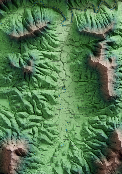 Mapa artístico del relieve de Sant Miquel de Campmajor, en el Pla de l'Estany, con 15 km de entorno y base topográfica ICGC. Detalle de la zona central.