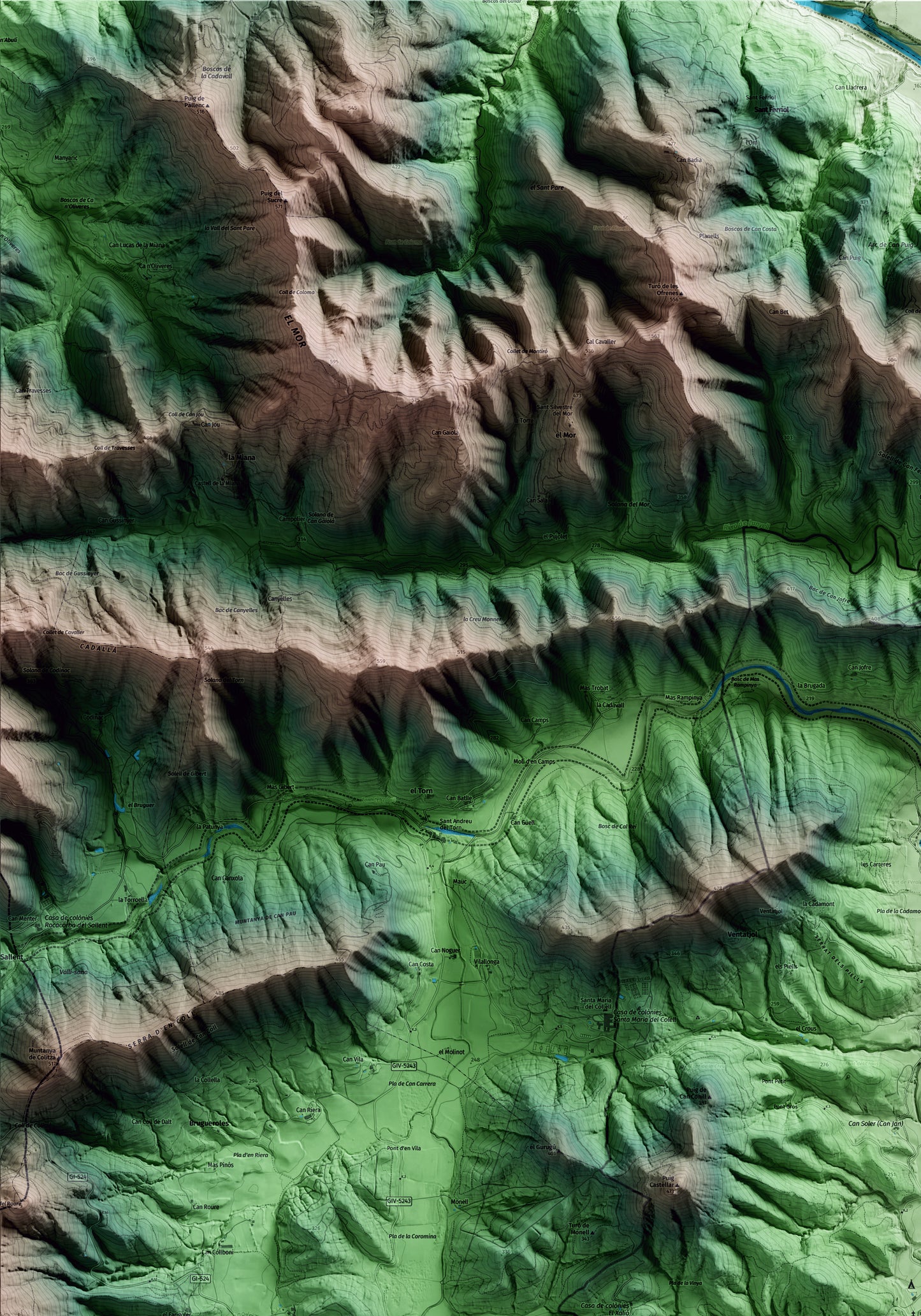 Mapa artístico del relieve de Sant Miquel de Campmajor, en el Pla de l'Estany, con 15 km de entorno y base topográfica ICGC. Detalle de la zona superior izquierda.