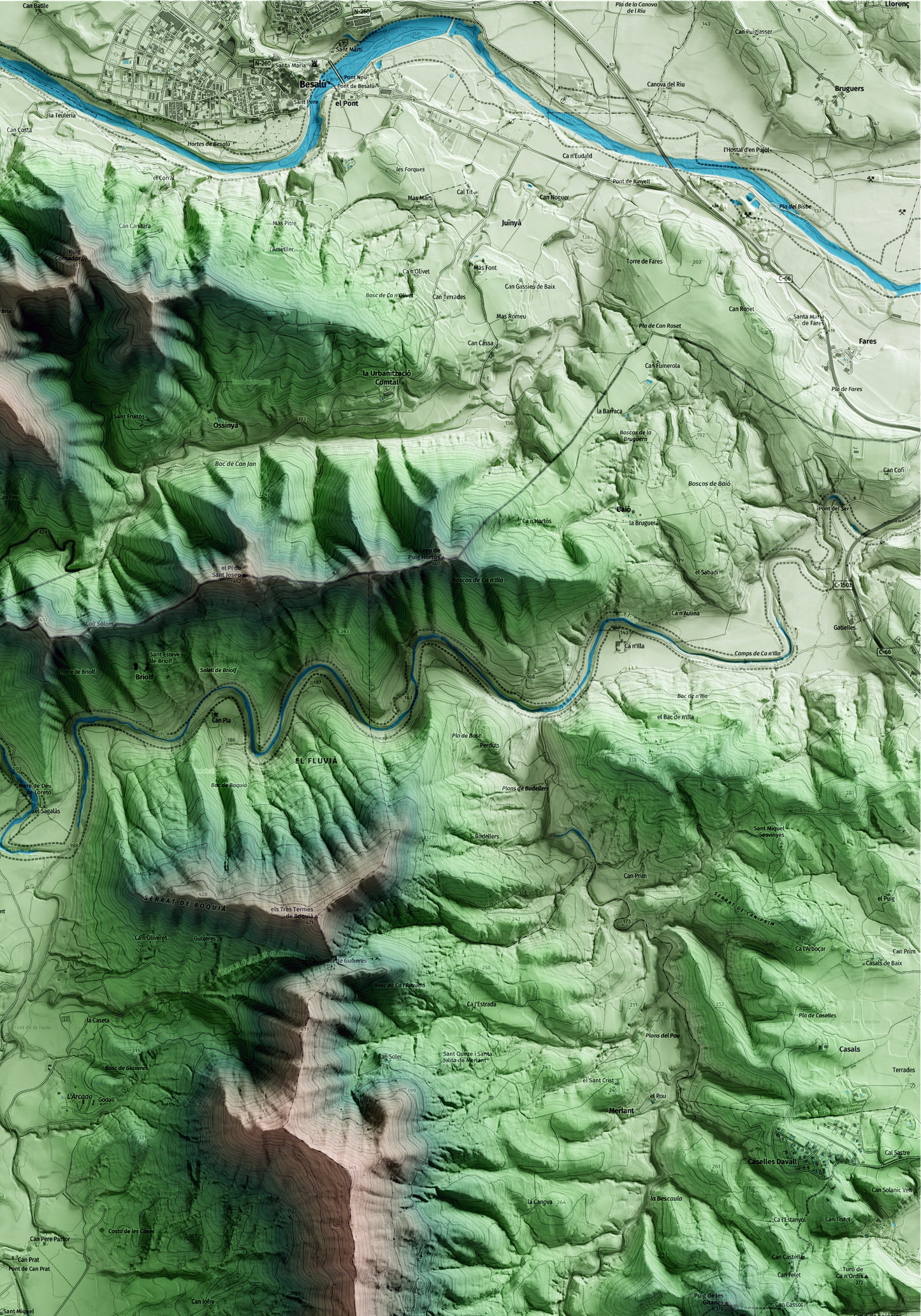 Mapa artístico del relieve de Sant Miquel de Campmajor, en el Pla de l'Estany, con 15 km de entorno y base topográfica ICGC. Detalle de la zona superior derecha.