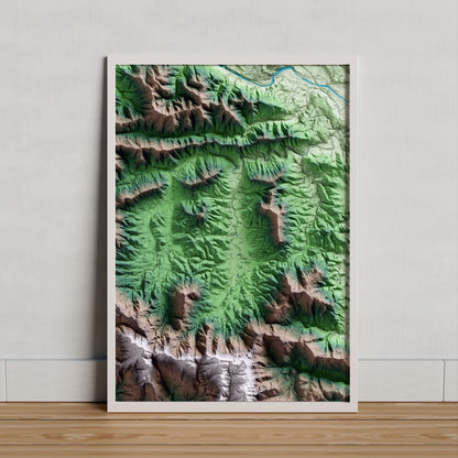 Mapa artístico del relieve de Sant Miquel de Campmajor, en el Pla de l'Estany, con 15 km de entorno y base topográfica ICGC. Presentación enmarcada.