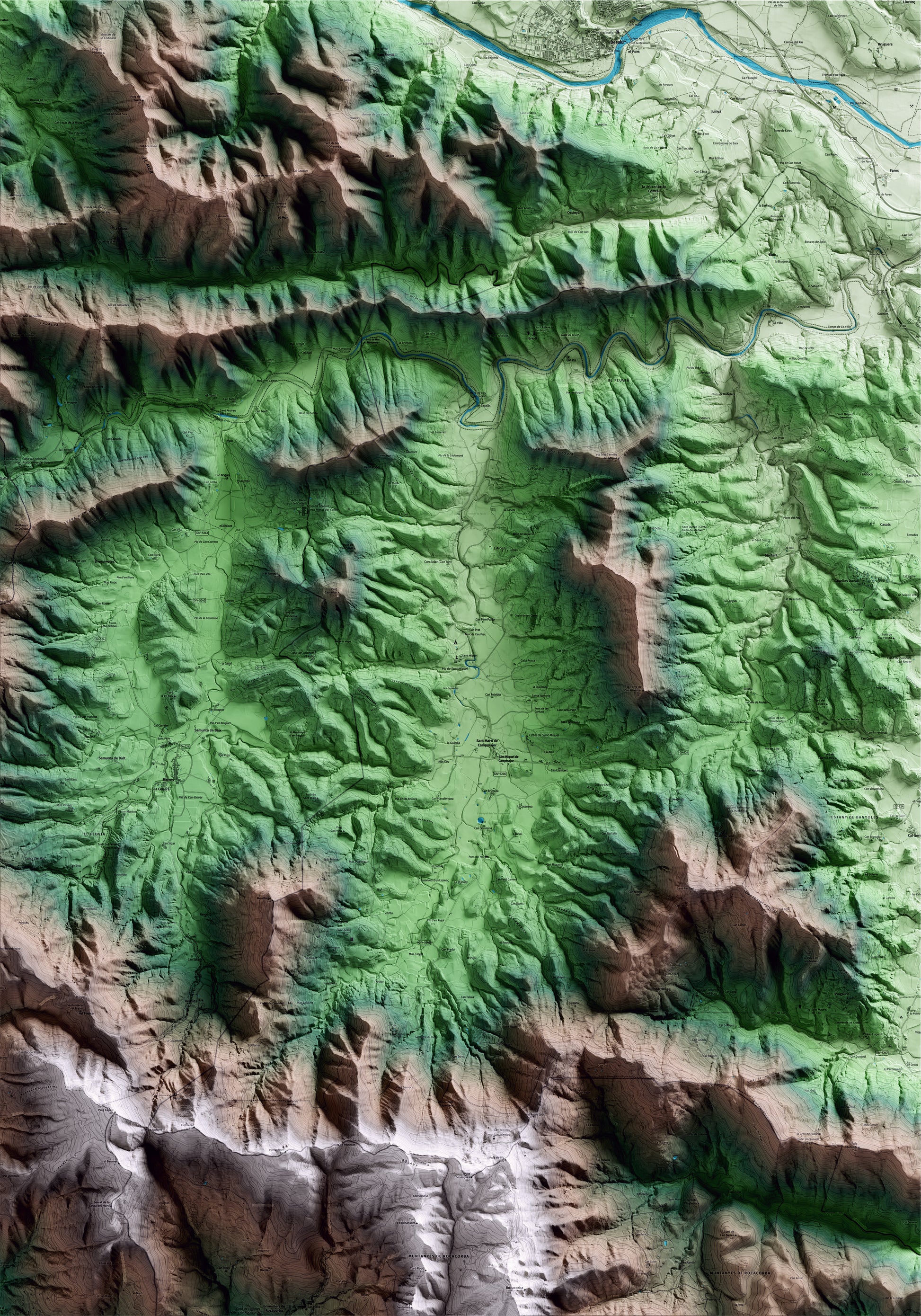Mapa artístico del relieve de Sant Miquel de Campmajor, en el Pla de l'Estany, con 15 km de entorno y base topográfica ICGC