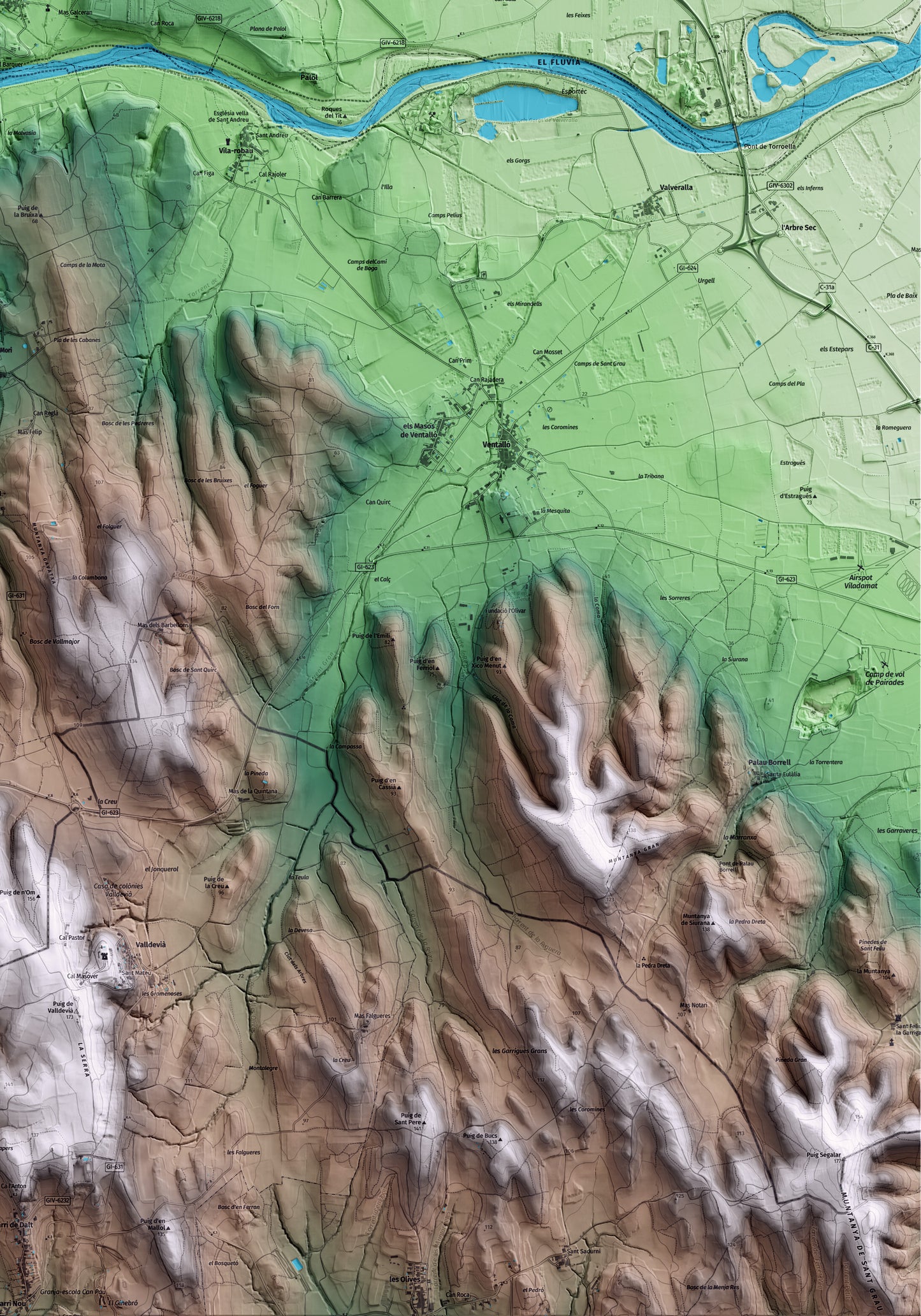Mapa artístico del relieve de Sant Miquel de Fluvià, al Alt Empordà, con 15 km de entorno y base topográfica ICGC. Detalle de la zona inferior derecha.