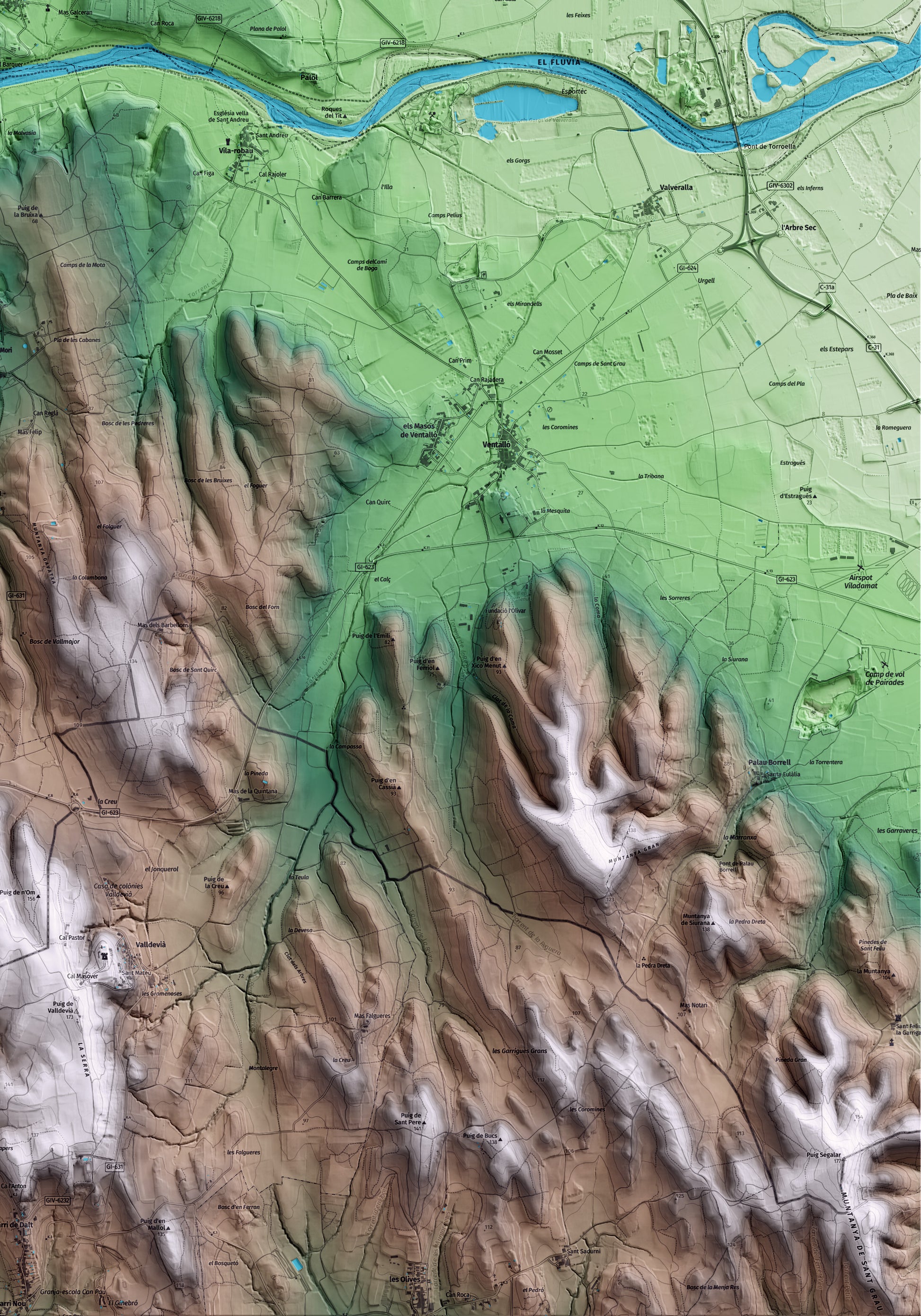 Mapa artístico del relieve de Sant Miquel de Fluvià, al Alt Empordà, con 15 km de entorno y base topográfica ICGC. Detalle de la zona inferior derecha.